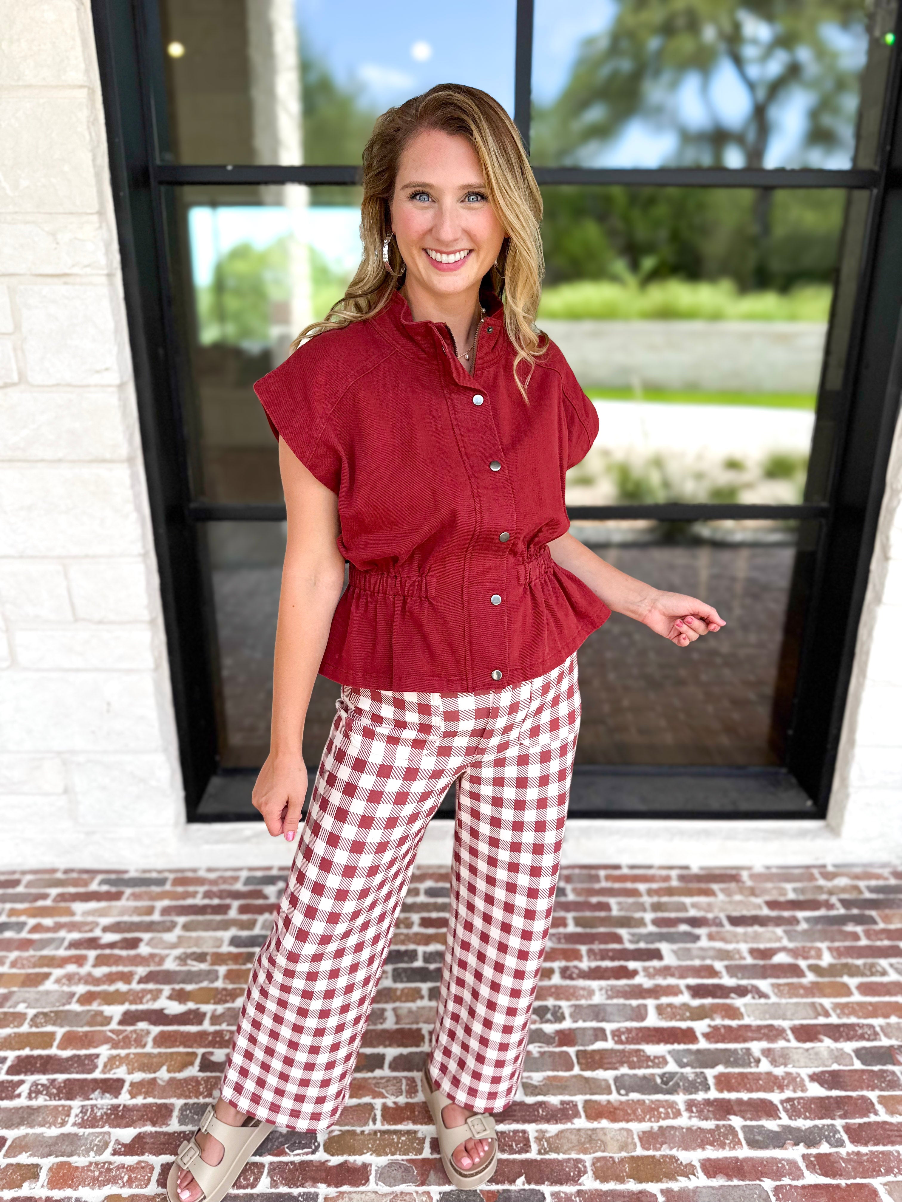Gingham Comfy Pants - Rusty Red-400 Pants-ENTRO-July & June Women's Fashion Boutique Located in San Antonio, Texas