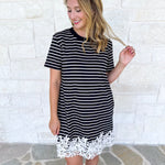 Stripes & Lace Shift Dress - Black-510 Mini-ENTRO-July & June Women's Fashion Boutique Located in San Antonio, Texas