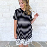 Stripes & Lace Shift Dress - Black-510 Mini-ENTRO-July & June Women's Fashion Boutique Located in San Antonio, Texas