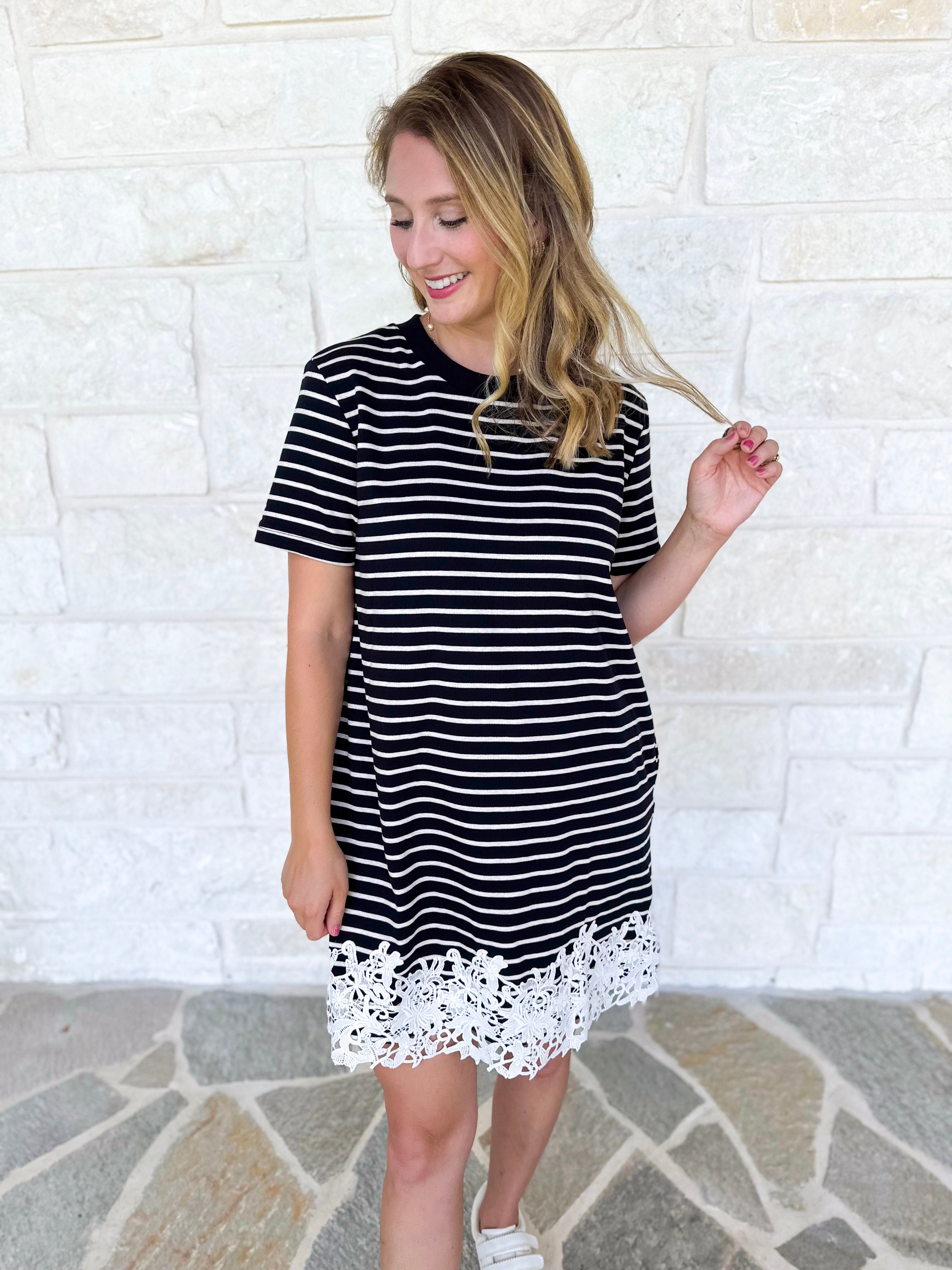 Stripes & Lace Shift Dress - Black-510 Mini-ENTRO-July & June Women's Fashion Boutique Located in San Antonio, Texas