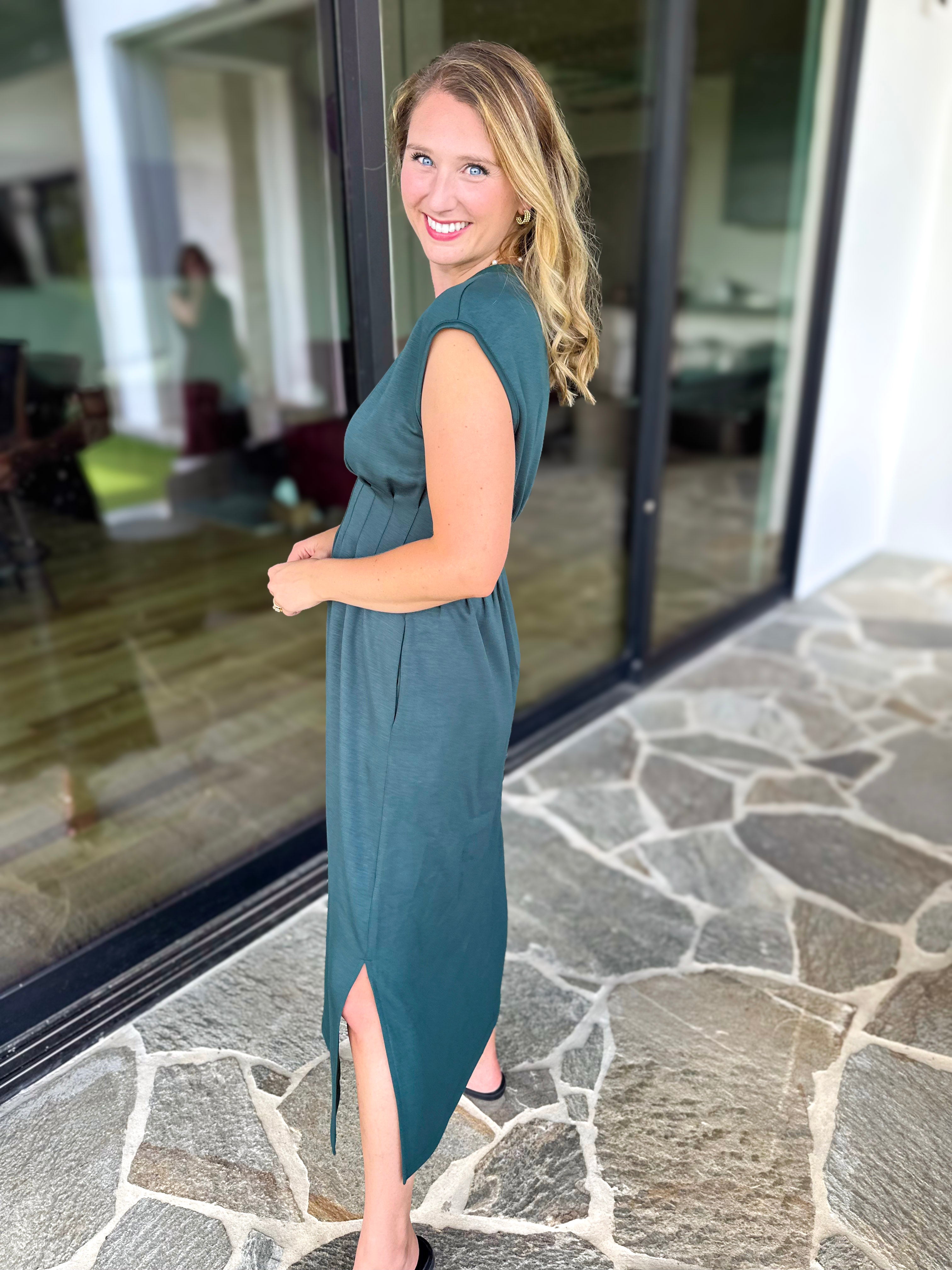 Polished Pin-Tuck Midi Dress - Pine Green-500 Midi-ENTRO-July & June Women's Fashion Boutique Located in San Antonio, Texas