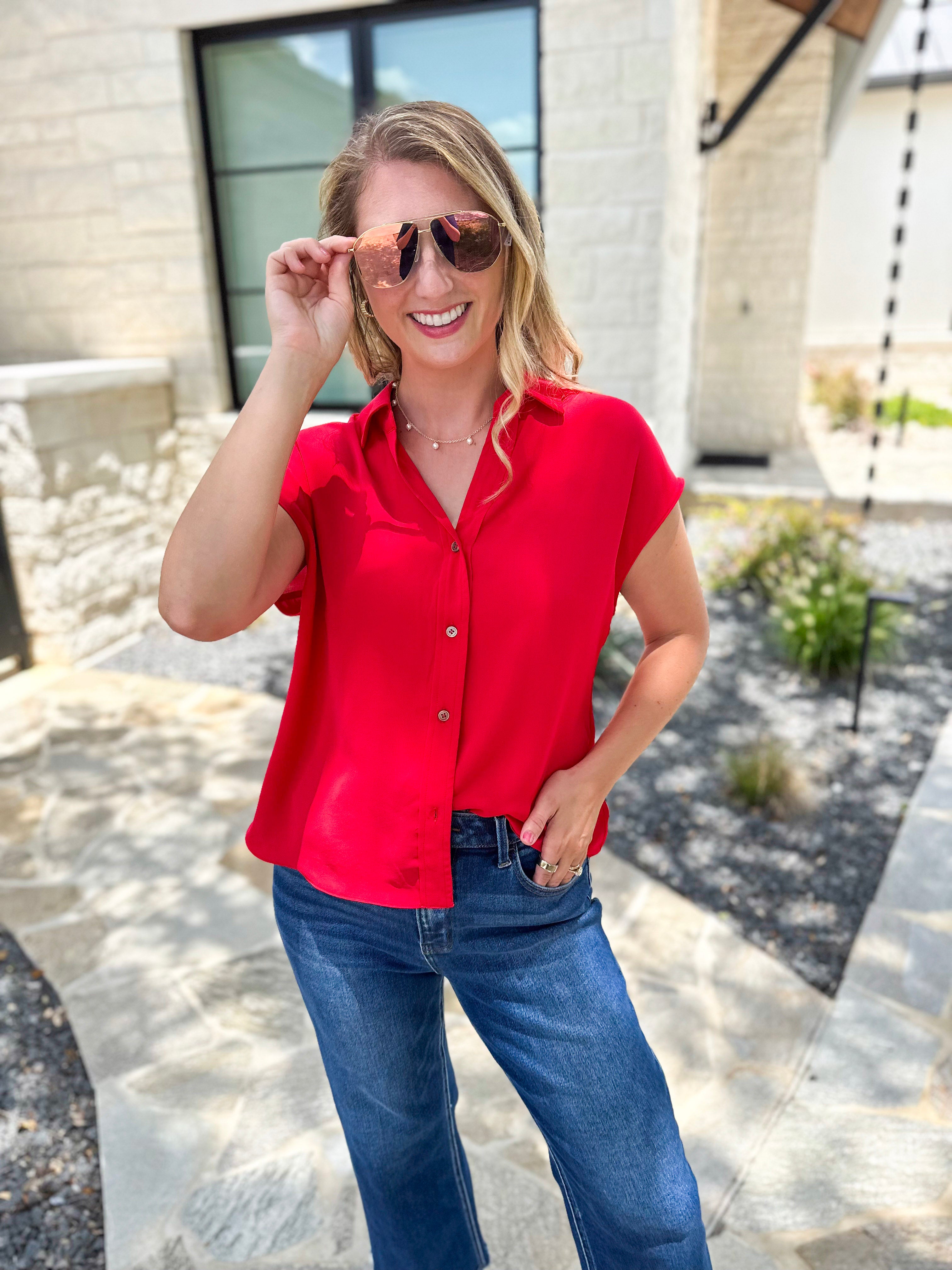 Current Air - Classic Button Down Blouse - Red-200 Fashion Blouses-CURRENT AIR CLOTHING-July & June Women's Fashion Boutique Located in San Antonio, Texas