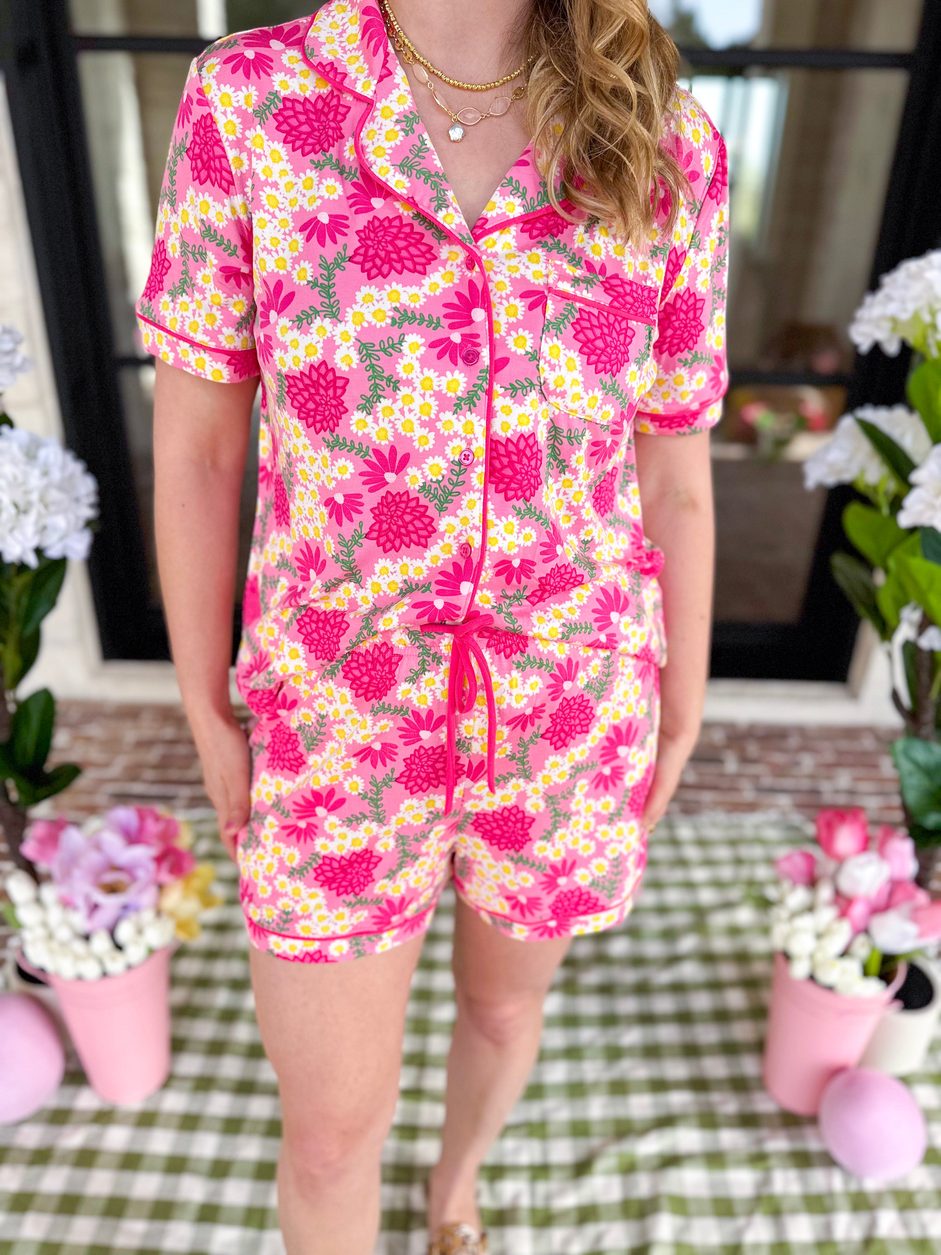 Mary Square - Charlotte Daisy Chain Pink PJs Short Set-300 Athleisure/Lounge-MARY SQUARE-July & June Women's Fashion Boutique Located in San Antonio, Texas