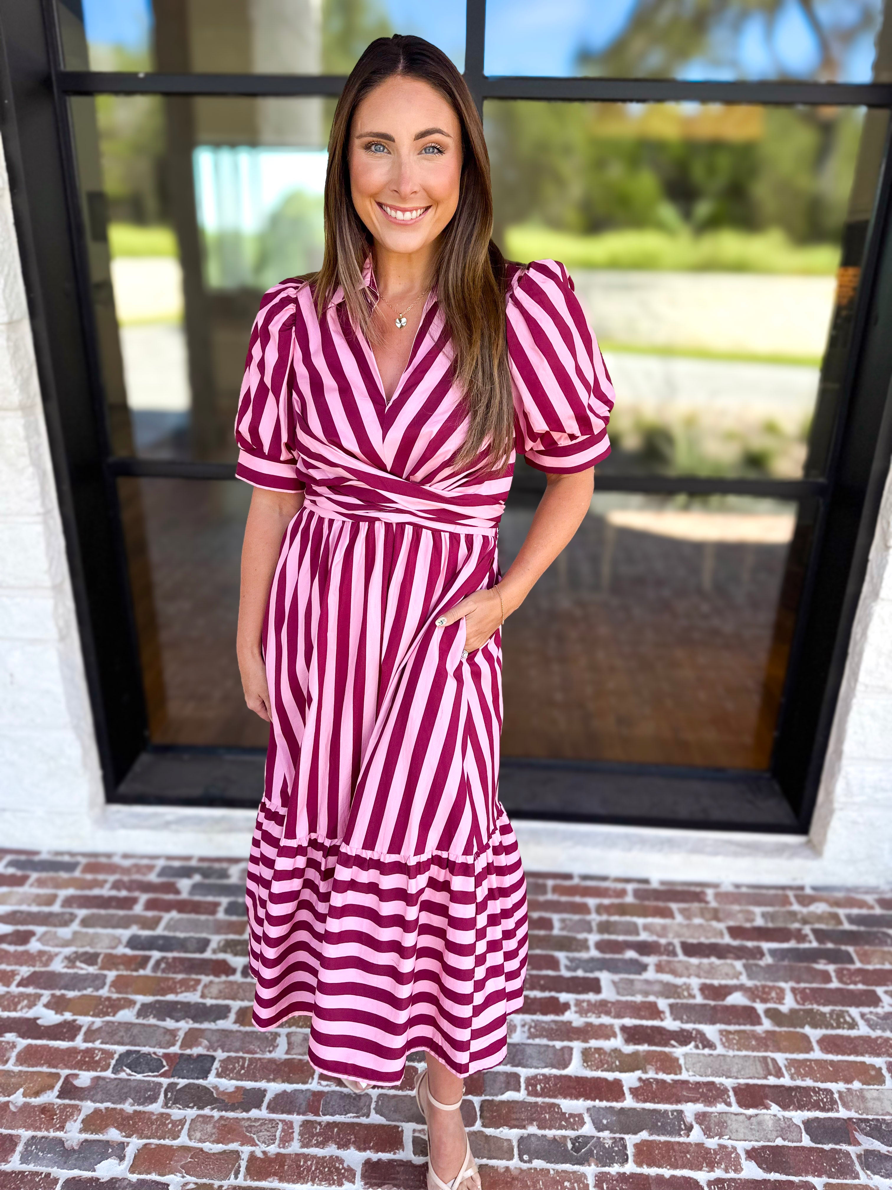 Color Drench Striped Midi Dress - Blushed Berry-500 Midi-ENTRO-July & June Women's Fashion Boutique Located in San Antonio, Texas
