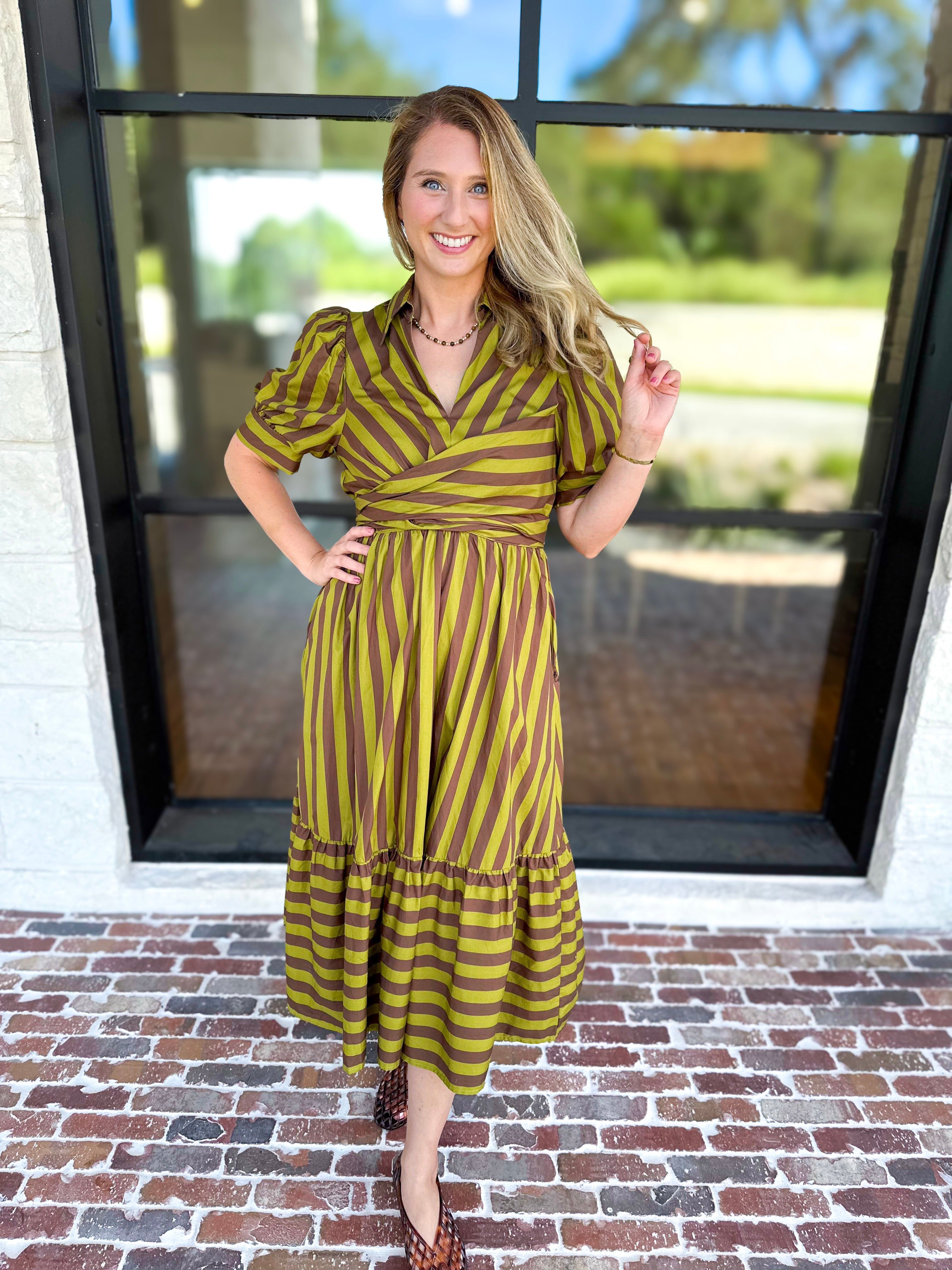 Color Drench Striped Midi Dress - Martini Olive-500 Midi-ENTRO-July & June Women's Fashion Boutique Located in San Antonio, Texas