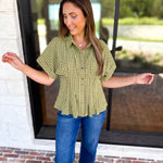 Living Life Gingham Top - Matcha-200 Fashion Blouses-ENTRO-July & June Women's Fashion Boutique Located in San Antonio, Texas