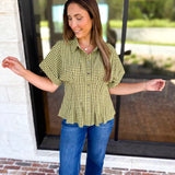 Living Life Gingham Top - Matcha-200 Fashion Blouses-ENTRO-July & June Women's Fashion Boutique Located in San Antonio, Texas