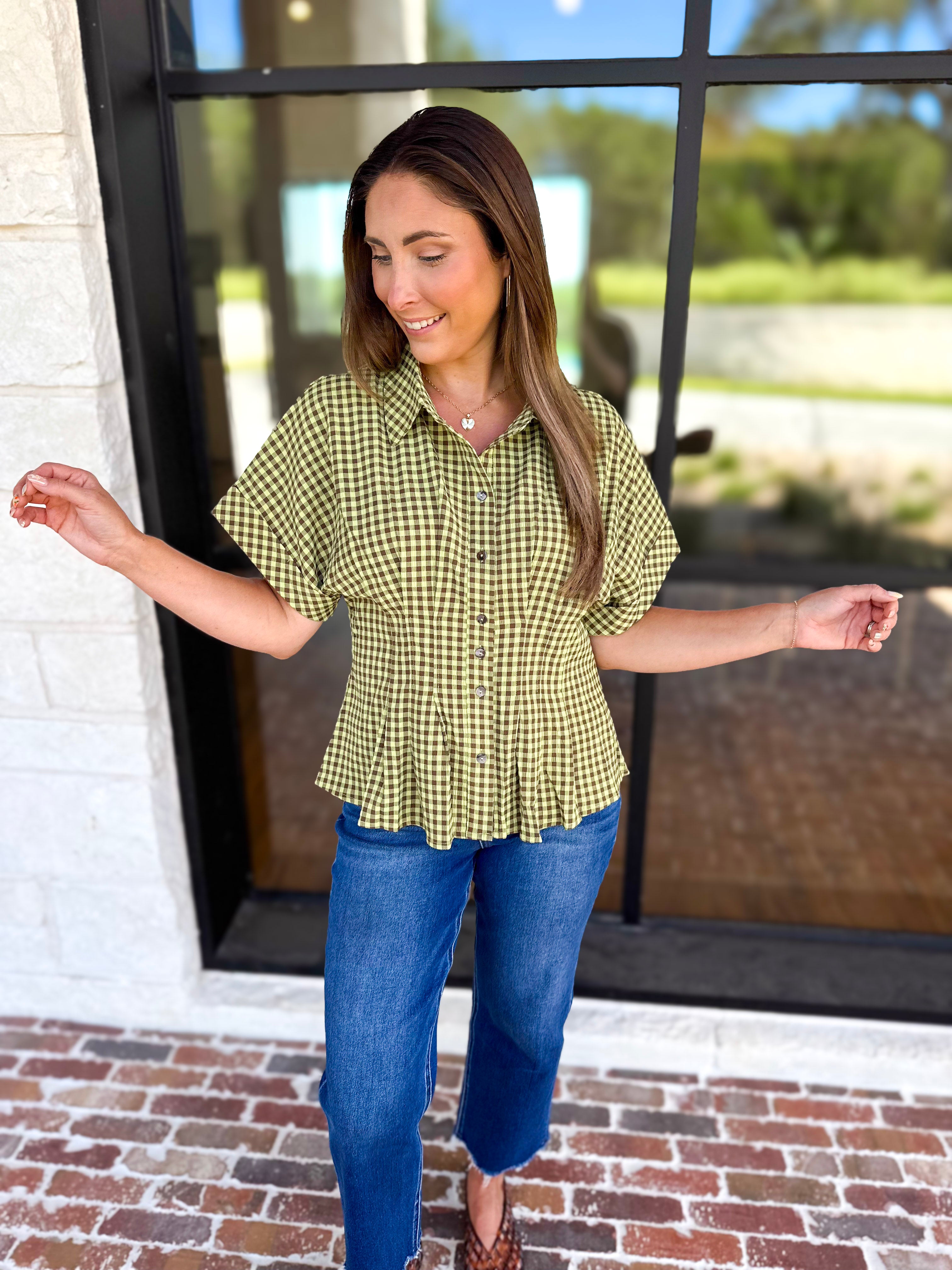 Living Life Gingham Top - Matcha-200 Fashion Blouses-ENTRO-July & June Women's Fashion Boutique Located in San Antonio, Texas