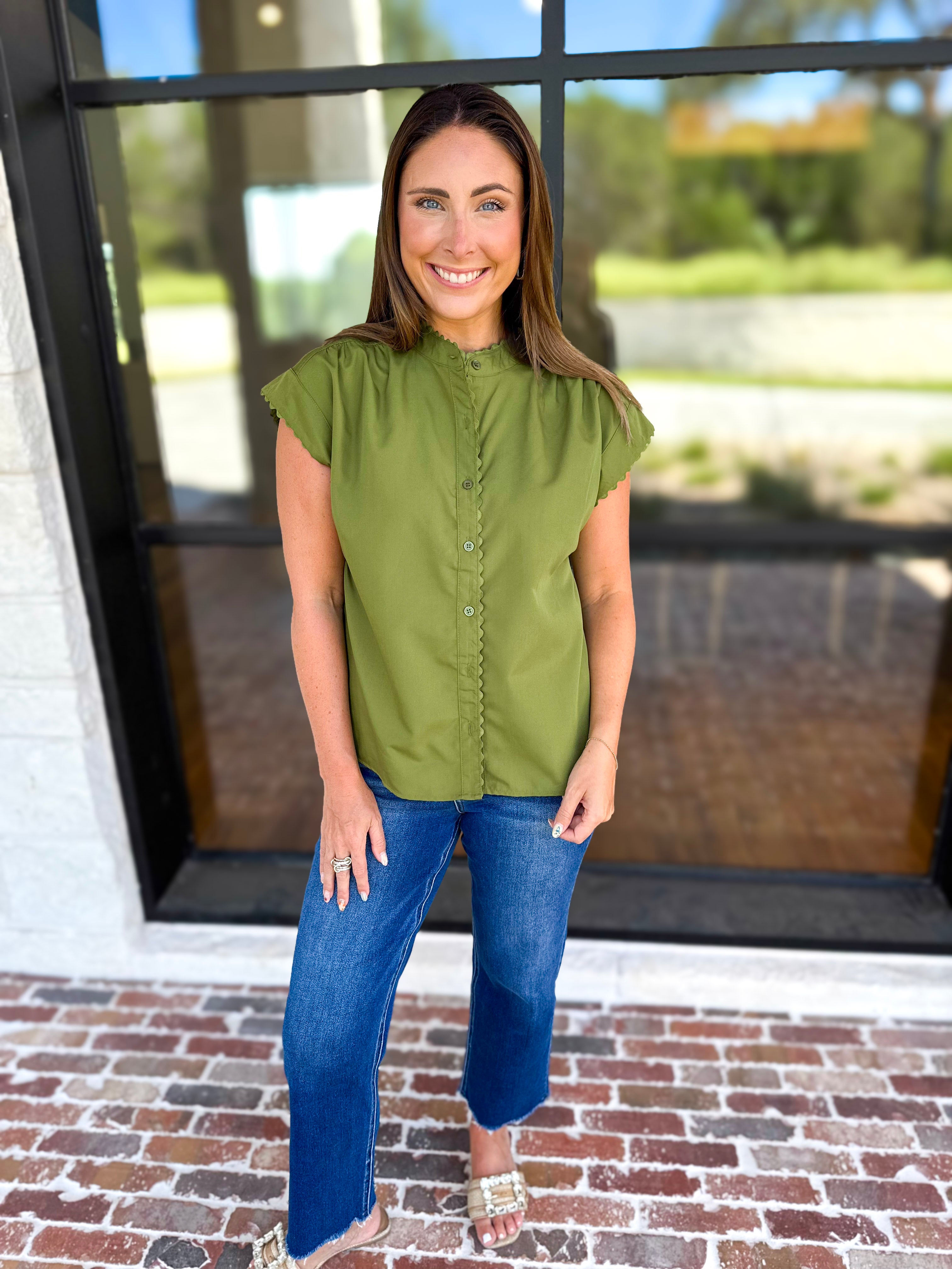 Ric Rac Button Down Top - Olive-200 Fashion Blouses-ENTRO-July & June Women's Fashion Boutique Located in San Antonio, Texas