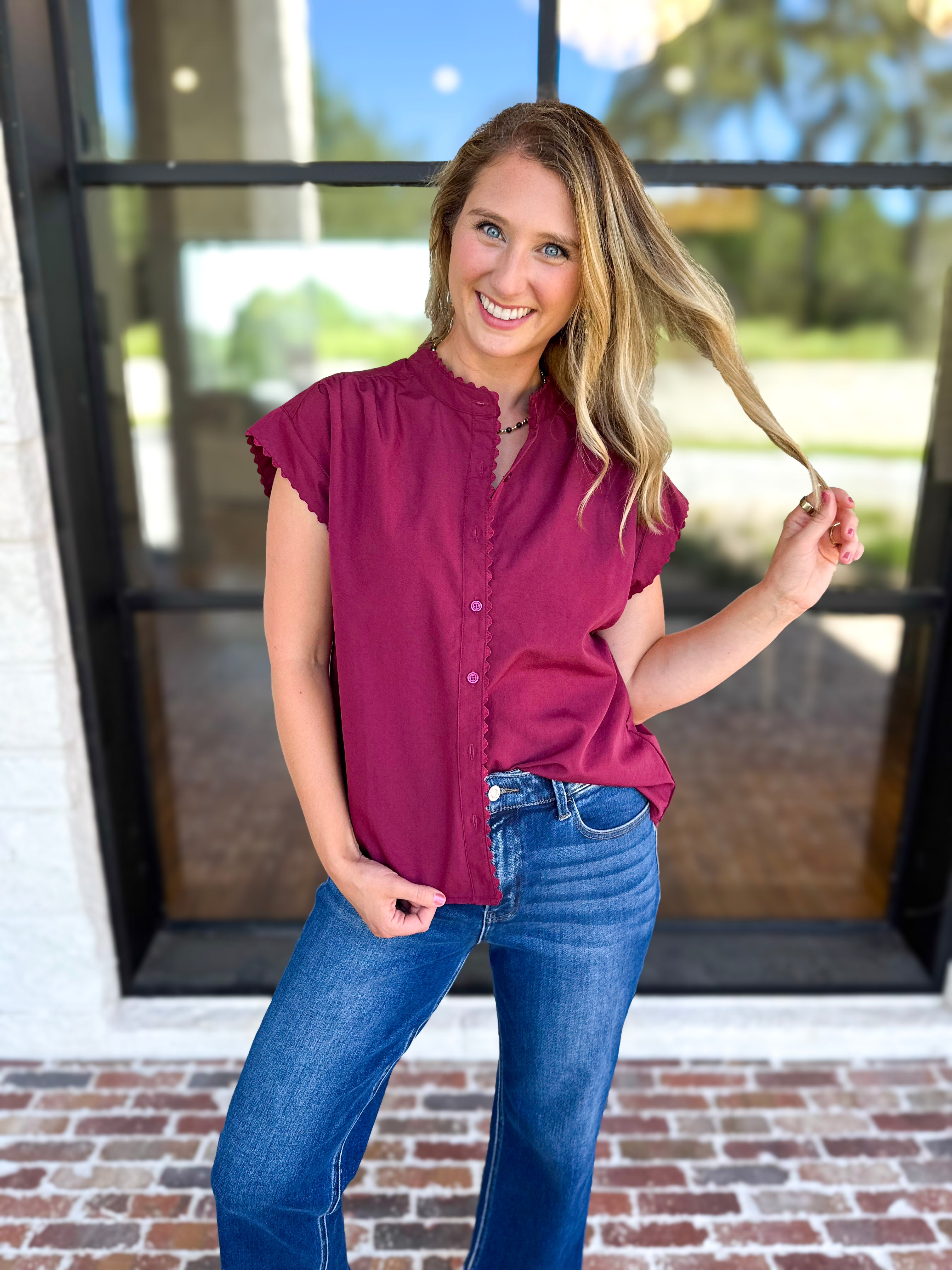 Ric Rac Button Down Top - Wine-200 Fashion Blouses-ENTRO-July & June Women's Fashion Boutique Located in San Antonio, Texas
