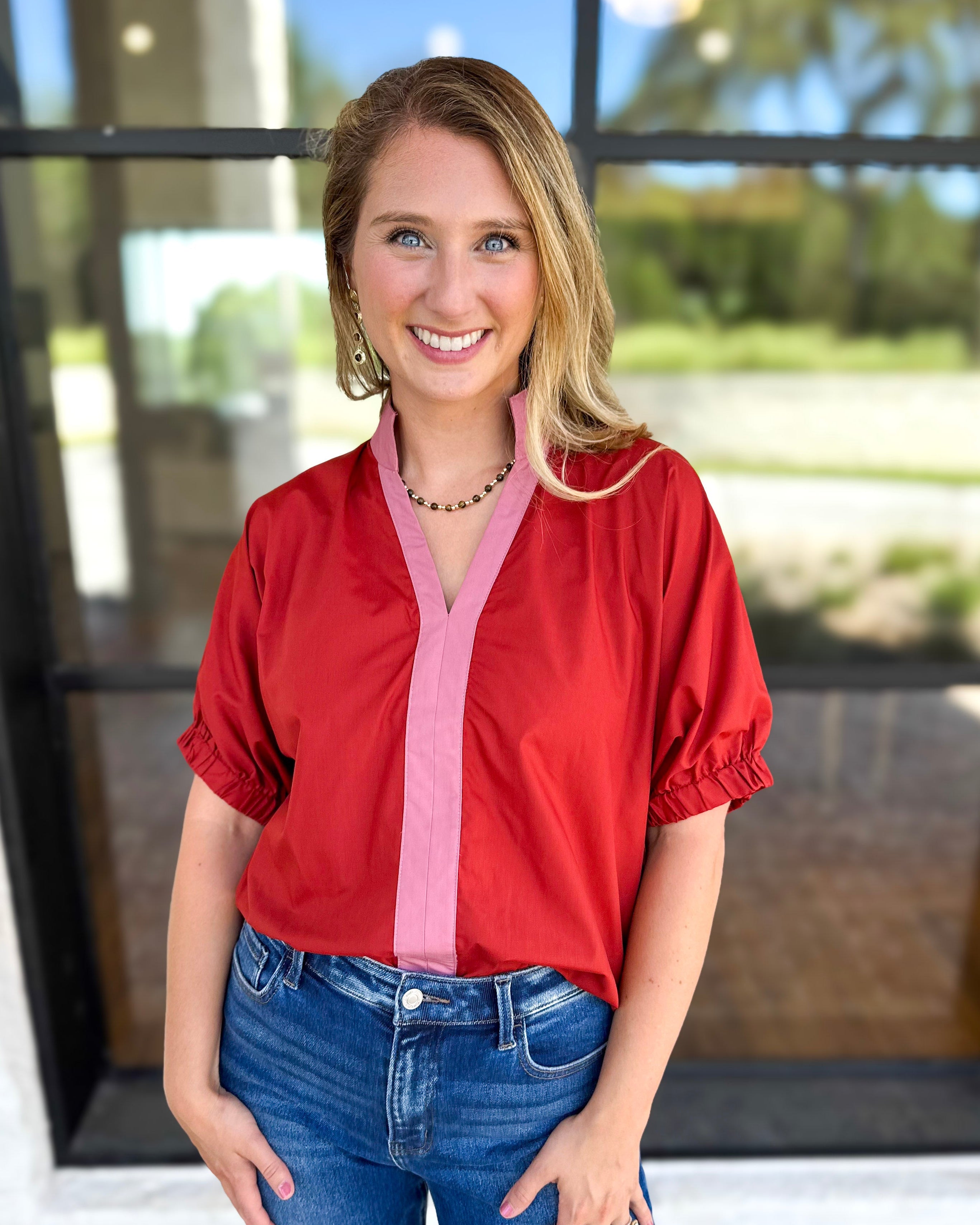 Contrast Chic Blouse - Terracotta-200 Fashion Blouses-ENTRO-July & June Women's Fashion Boutique Located in San Antonio, Texas