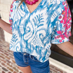 THML - Blue Watercolor Embroidered Blouse-200 Fashion Blouses-THML-July & June Women's Fashion Boutique Located in San Antonio, Texas