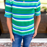 Parker Blue & Green Striped Knit Top-230 Sweaters/Cardis-STRUT & BOLT-July & June Women's Fashion Boutique Located in San Antonio, Texas