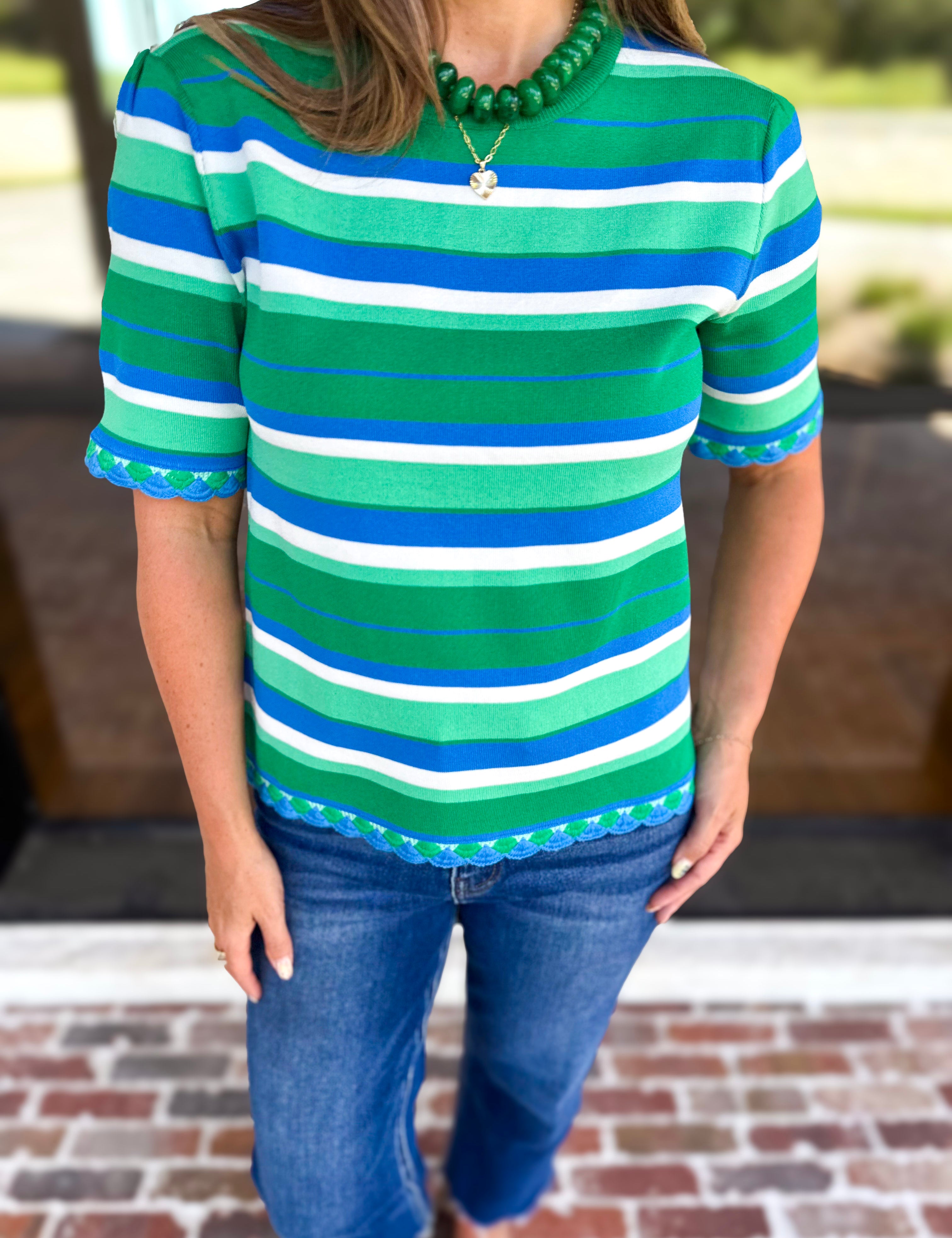 Parker Blue & Green Striped Knit Top-230 Sweaters/Cardis-STRUT & BOLT-July & June Women's Fashion Boutique Located in San Antonio, Texas