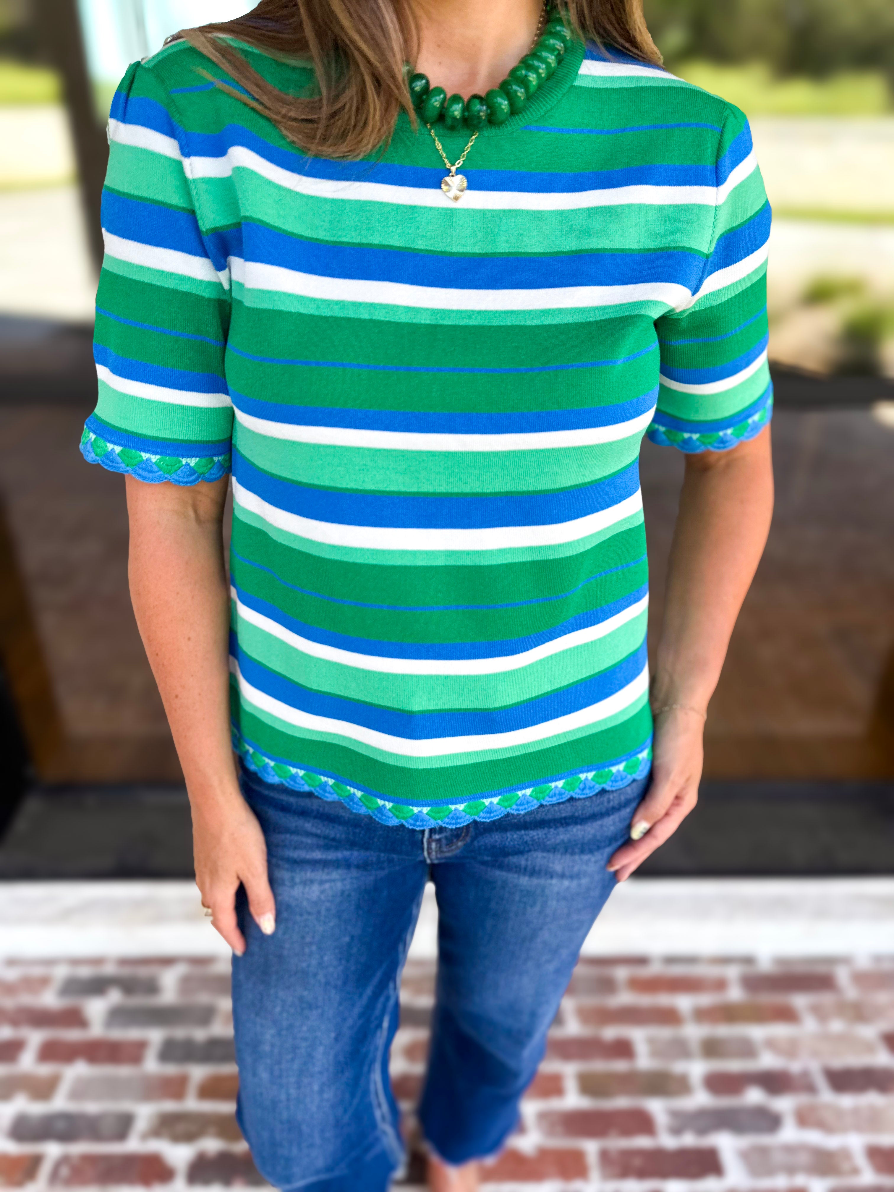 Parker Blue & Green Striped Knit Top-230 Sweaters/Cardis-STRUT & BOLT-July & June Women's Fashion Boutique Located in San Antonio, Texas
