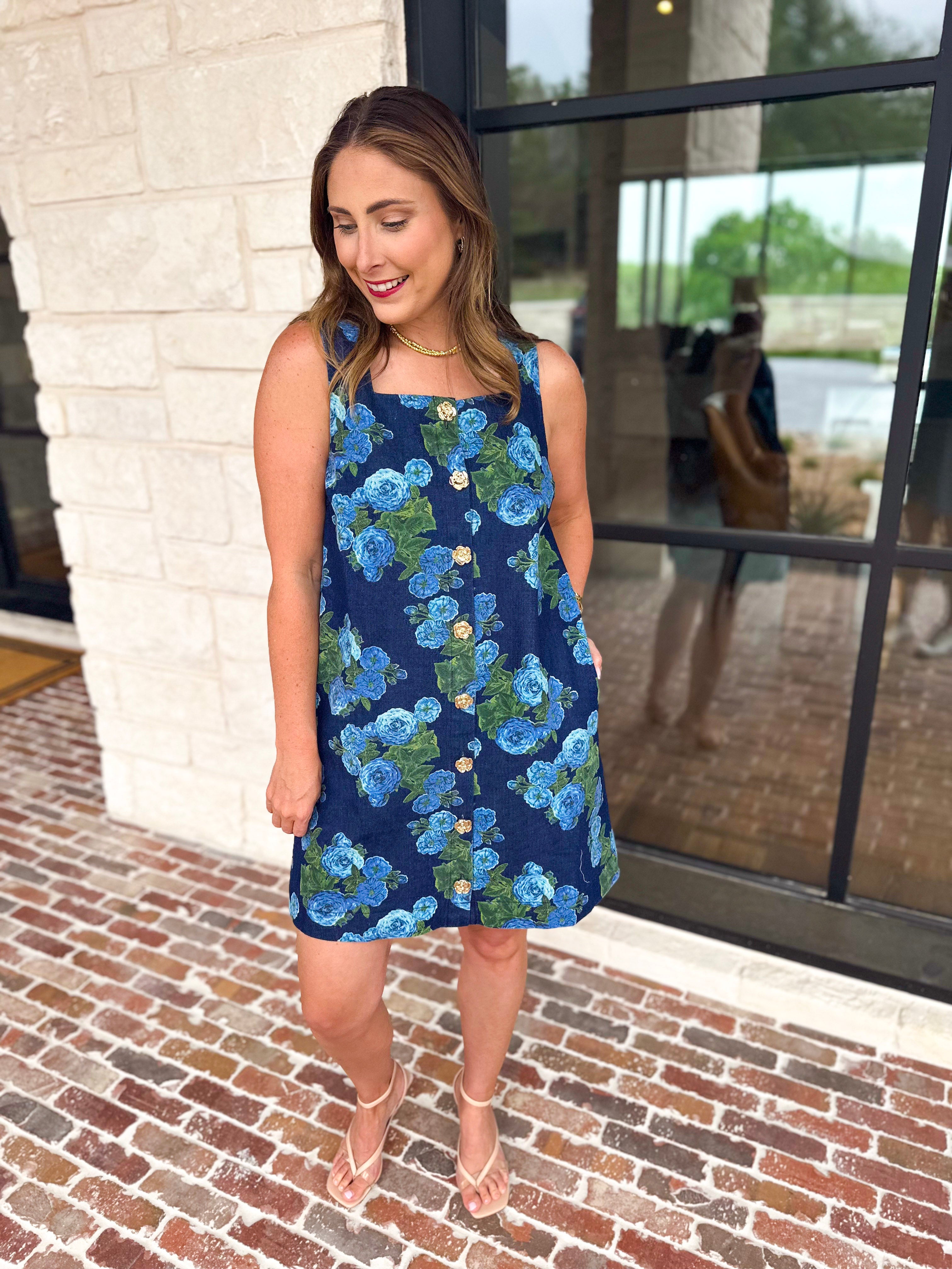 Retro Blue Floral Denim Mini Dress-510 Mini-ENTRO-July & June Women's Fashion Boutique Located in San Antonio, Texas