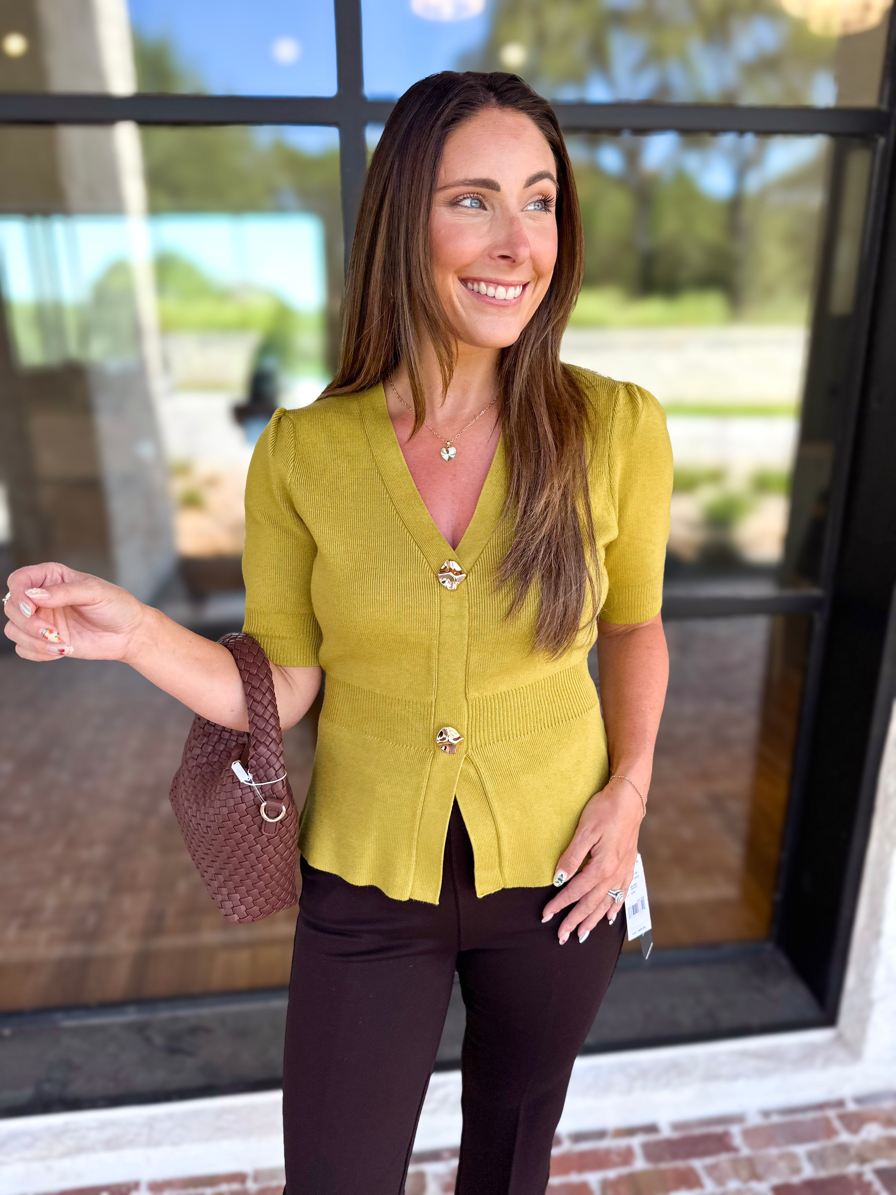 Posh Peplum Knit Blouse - Chartreuse-230 Sweaters/Cardis-SKIES ARE BLUE-July & June Women's Fashion Boutique Located in San Antonio, Texas