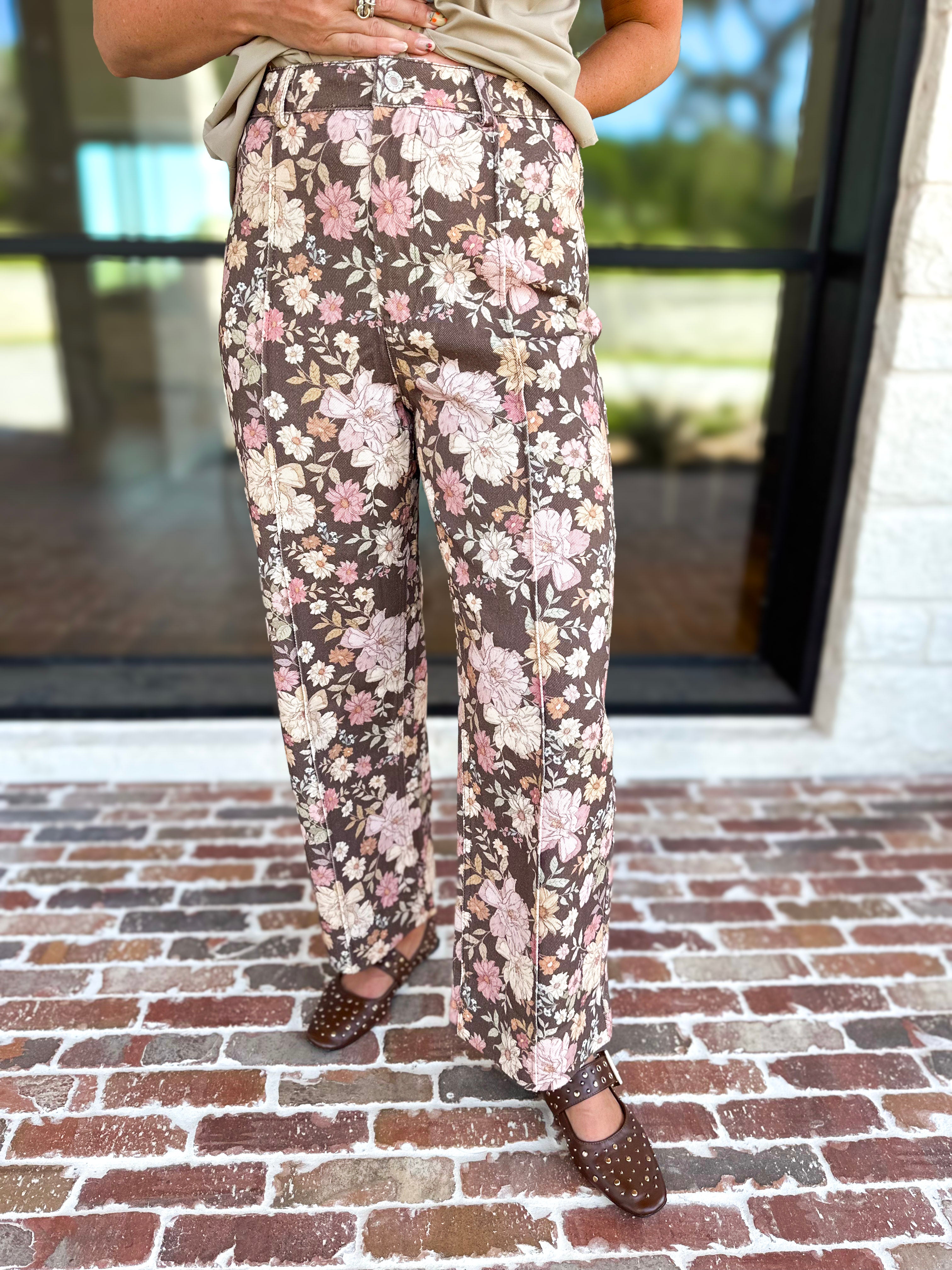 Fall Floral Denim Pants - Brown-400 Pants-ENTRO-July & June Women's Fashion Boutique Located in San Antonio, Texas