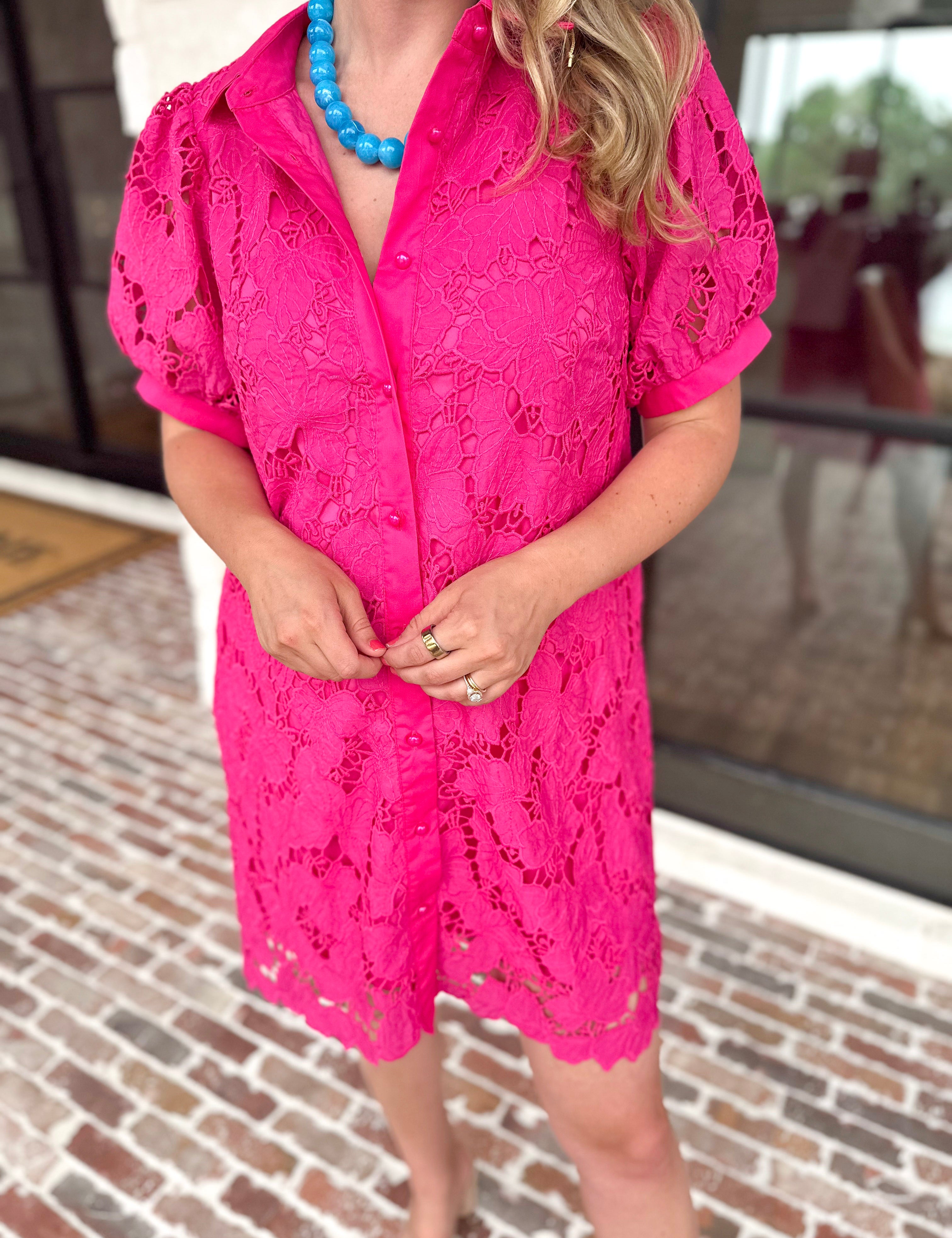 Anna Lace Mini Dress - Hot Pink-510 Mini-JODIFL-July & June Women's Fashion Boutique Located in San Antonio, Texas