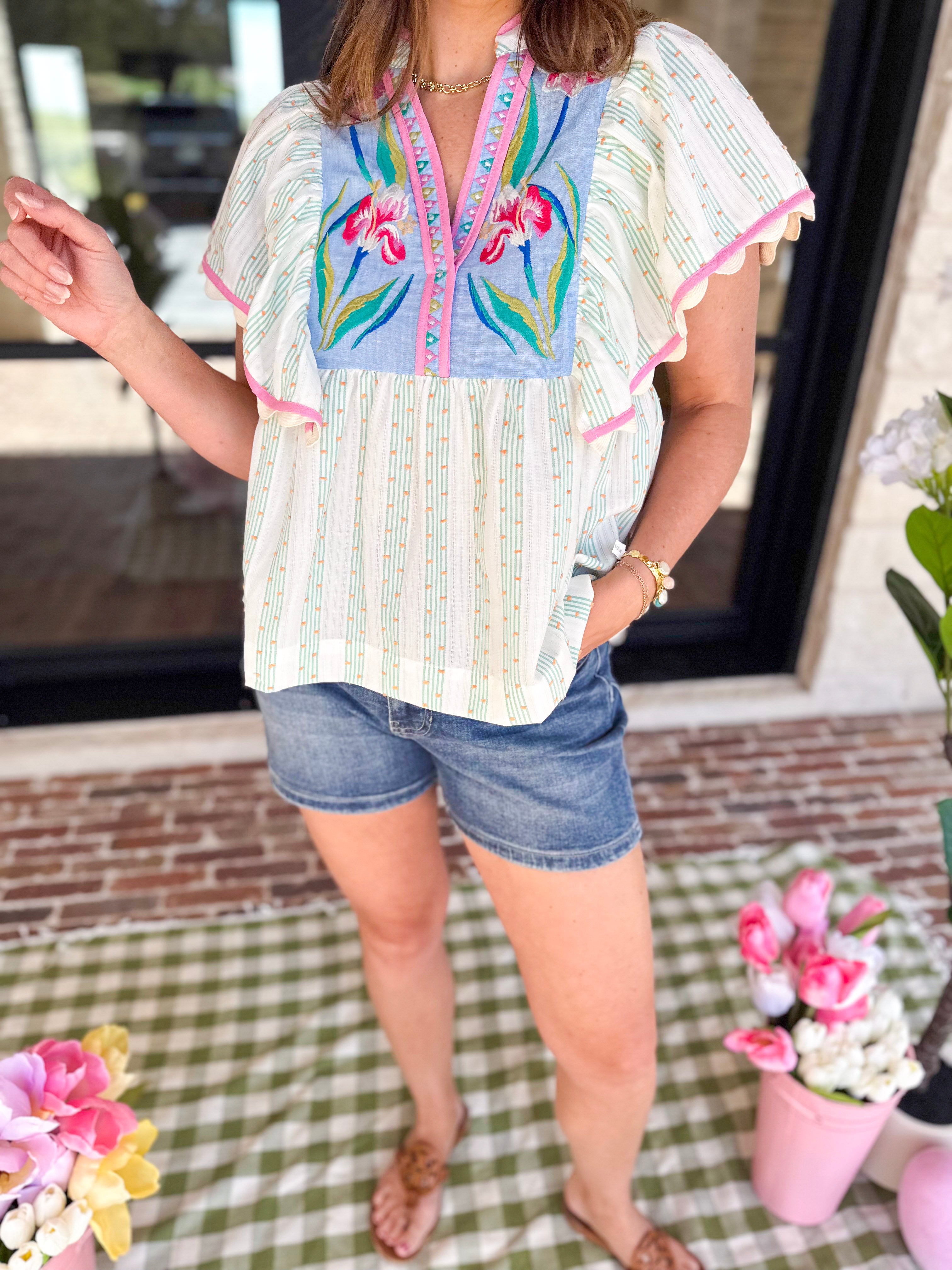 THML - Bright Floral Embroidered Blouse-200 Fashion Blouses-THML-July & June Women's Fashion Boutique Located in San Antonio, Texas