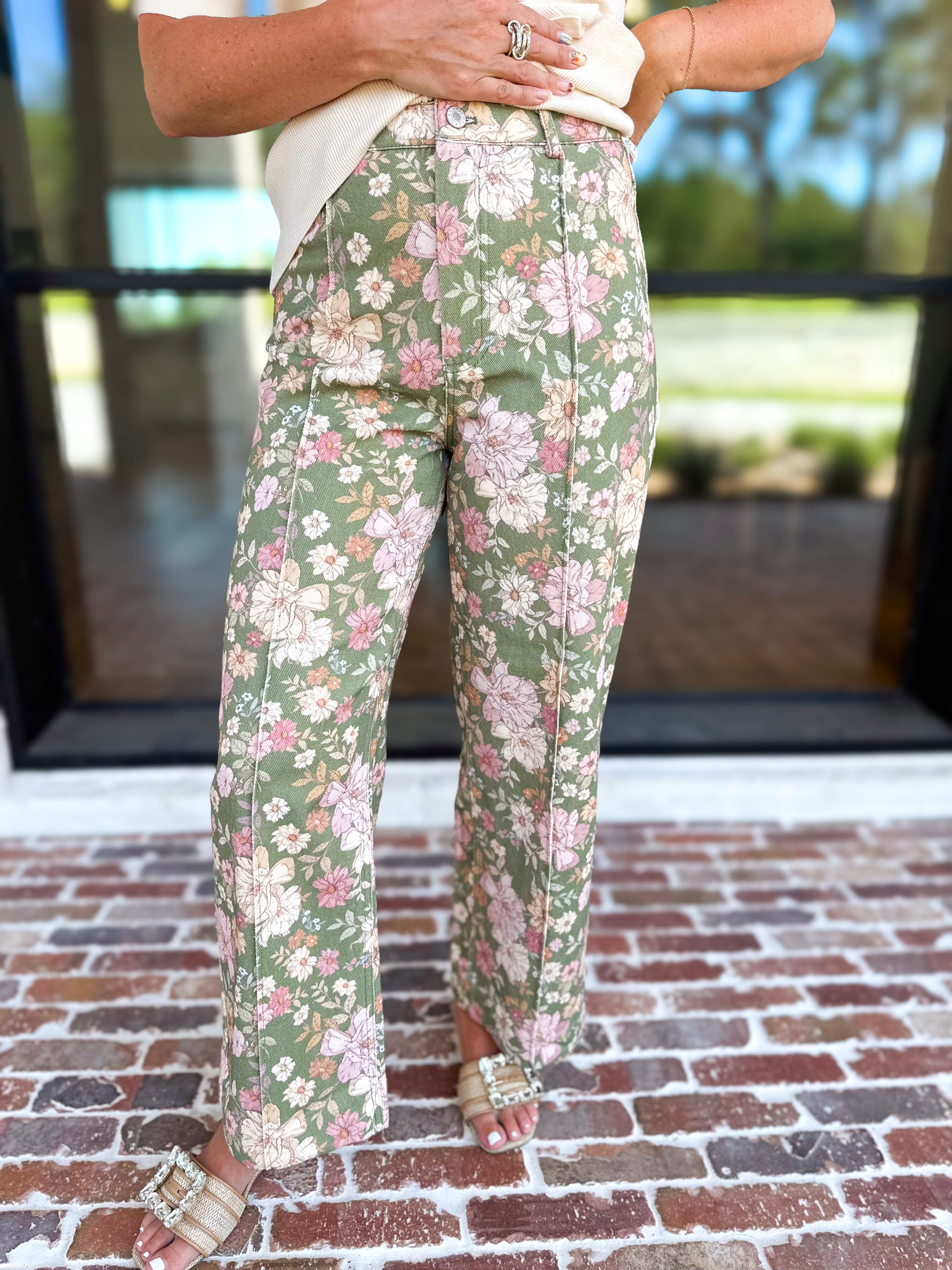 Fall Floral Denim Pants - Olive-400 Pants-ENTRO-July & June Women's Fashion Boutique Located in San Antonio, Texas