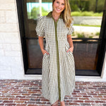 Olive Gingham & Collared Midi Dress-500 Midi-ENTRO-July & June Women's Fashion Boutique Located in San Antonio, Texas