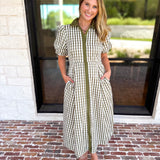 Olive Gingham & Collared Midi Dress-500 Midi-ENTRO-July & June Women's Fashion Boutique Located in San Antonio, Texas