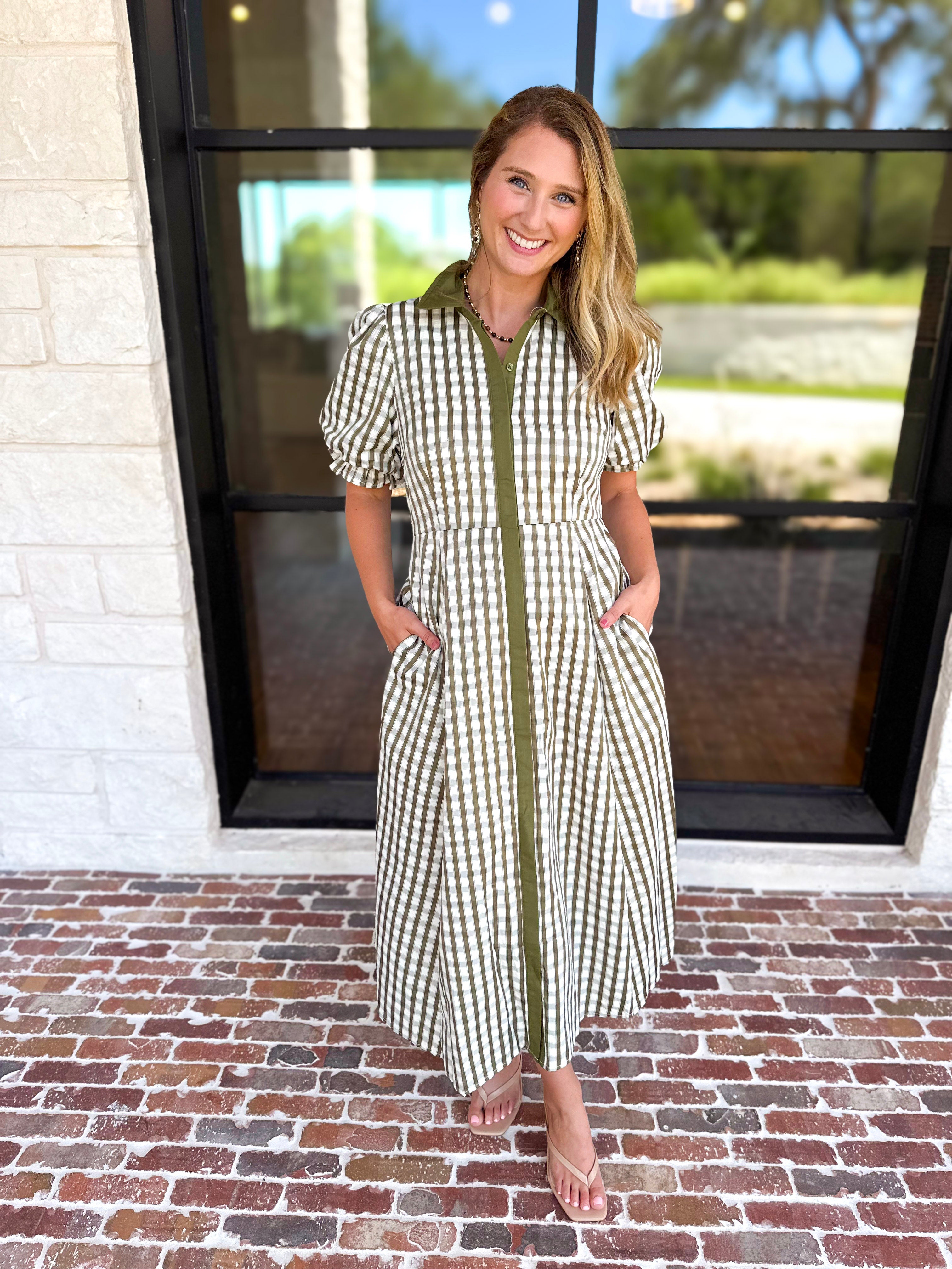 Olive Gingham & Collared Midi Dress-500 Midi-ENTRO-July & June Women's Fashion Boutique Located in San Antonio, Texas