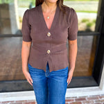 Posh Peplum Knit Blouse - Chocolate-230 Sweaters/Cardis-SKIES ARE BLUE-July & June Women's Fashion Boutique Located in San Antonio, Texas