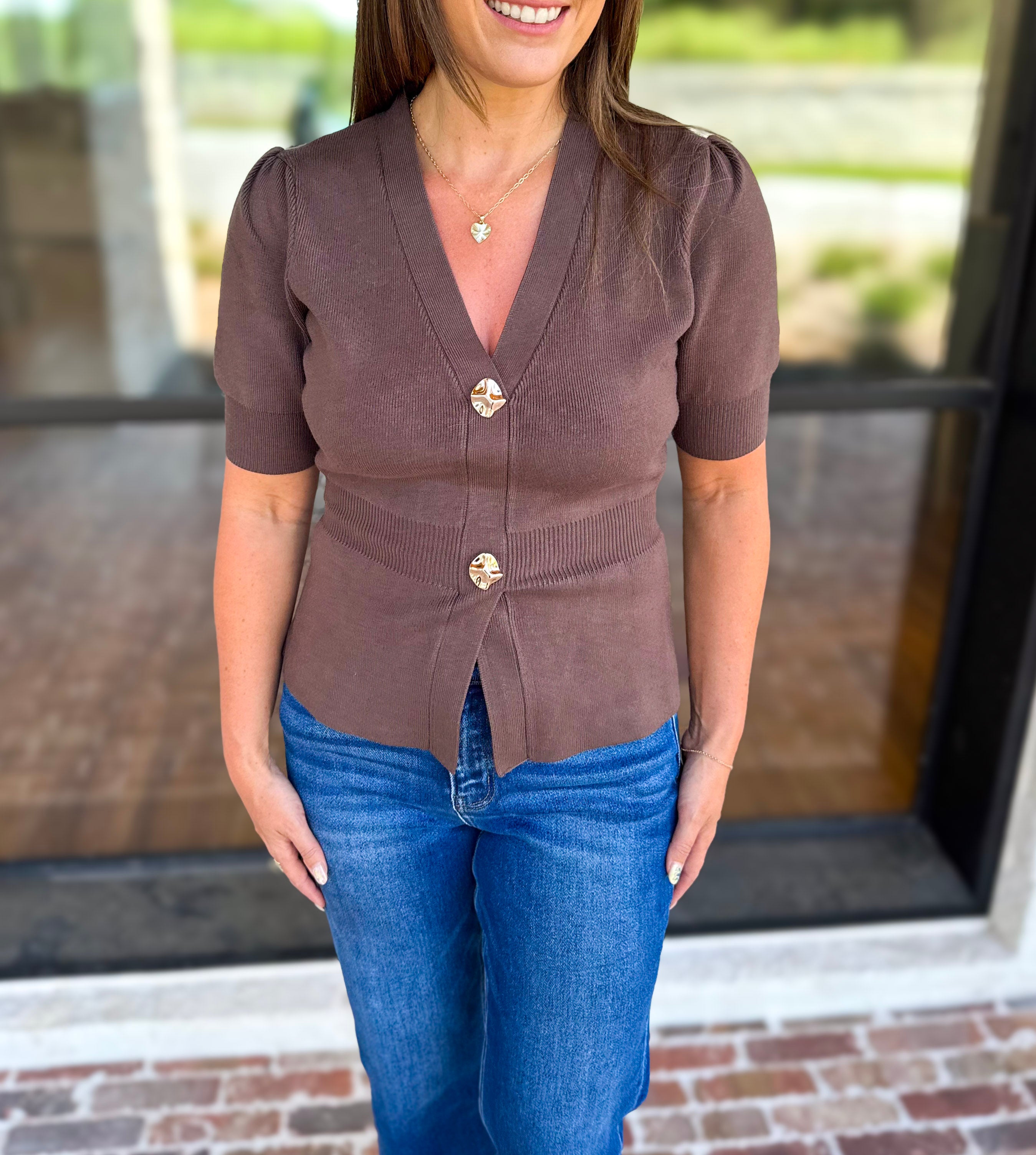 Posh Peplum Knit Blouse - Chocolate-230 Sweaters/Cardis-SKIES ARE BLUE-July & June Women's Fashion Boutique Located in San Antonio, Texas