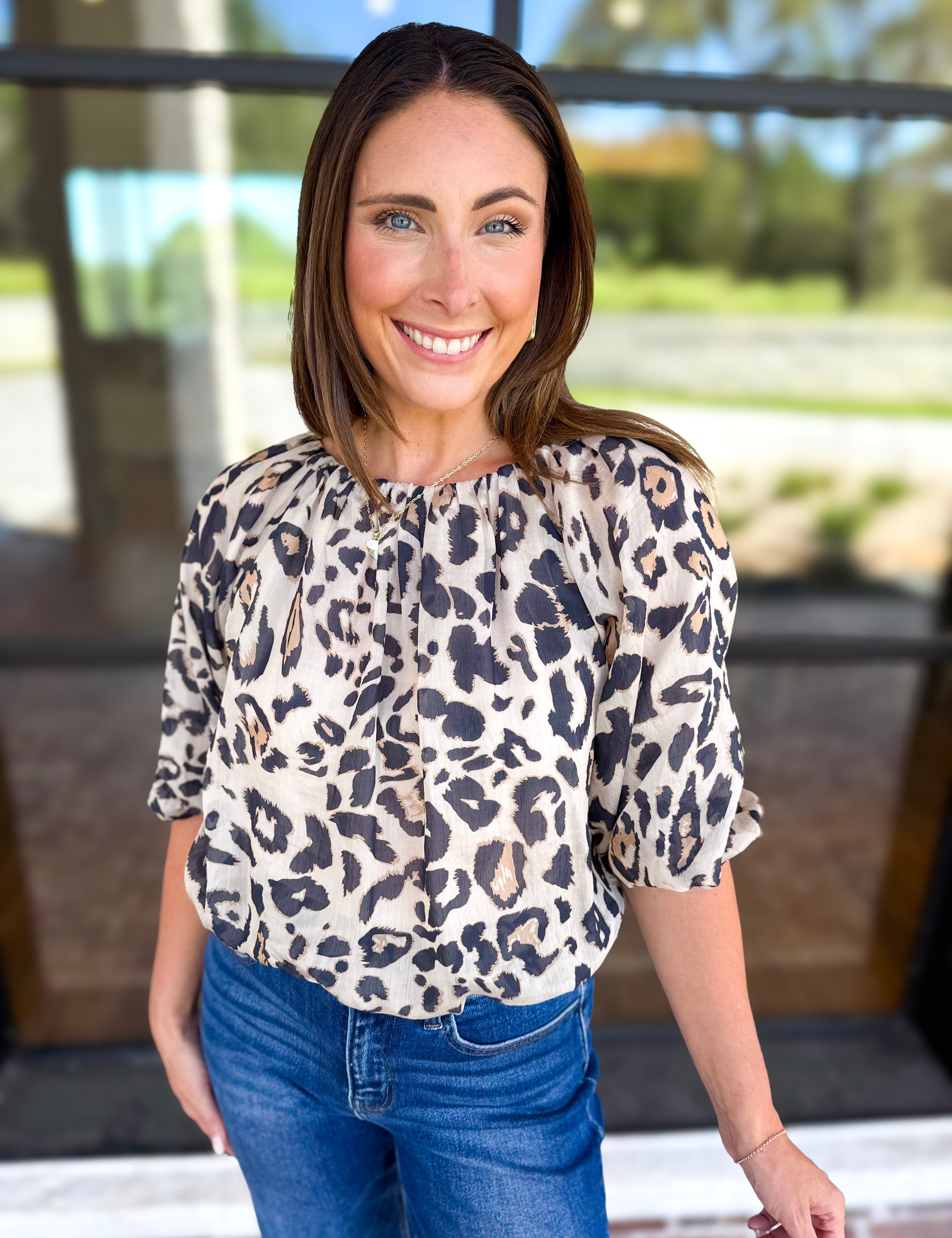THML - Leopard Print Bubble Top-200 Fashion Blouses-THML-July & June Women's Fashion Boutique Located in San Antonio, Texas