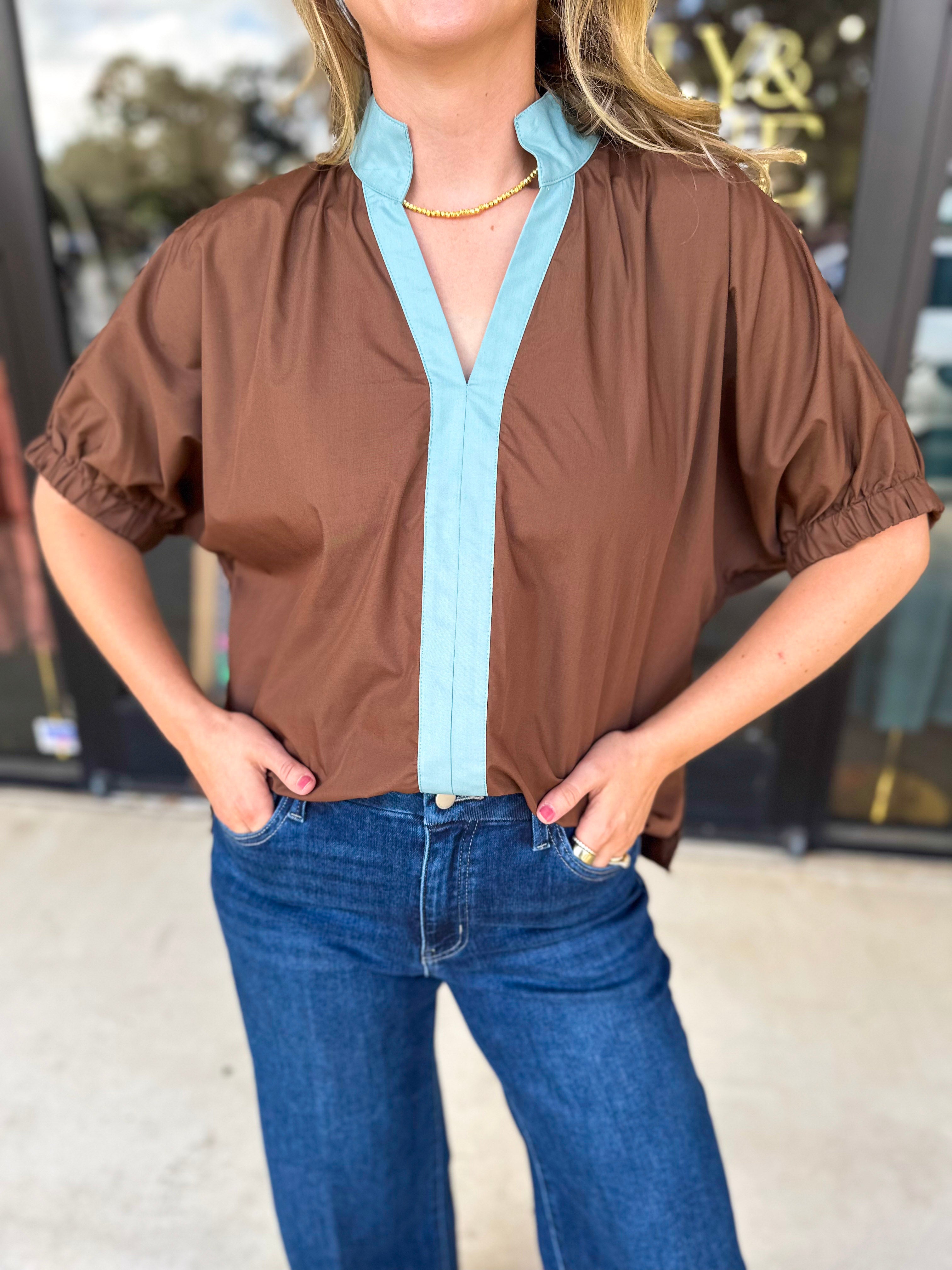 Contrast Chic Blouse - Cocoa Sky-200 Fashion Blouses-ENTRO-July & June Women's Fashion Boutique Located in San Antonio, Texas