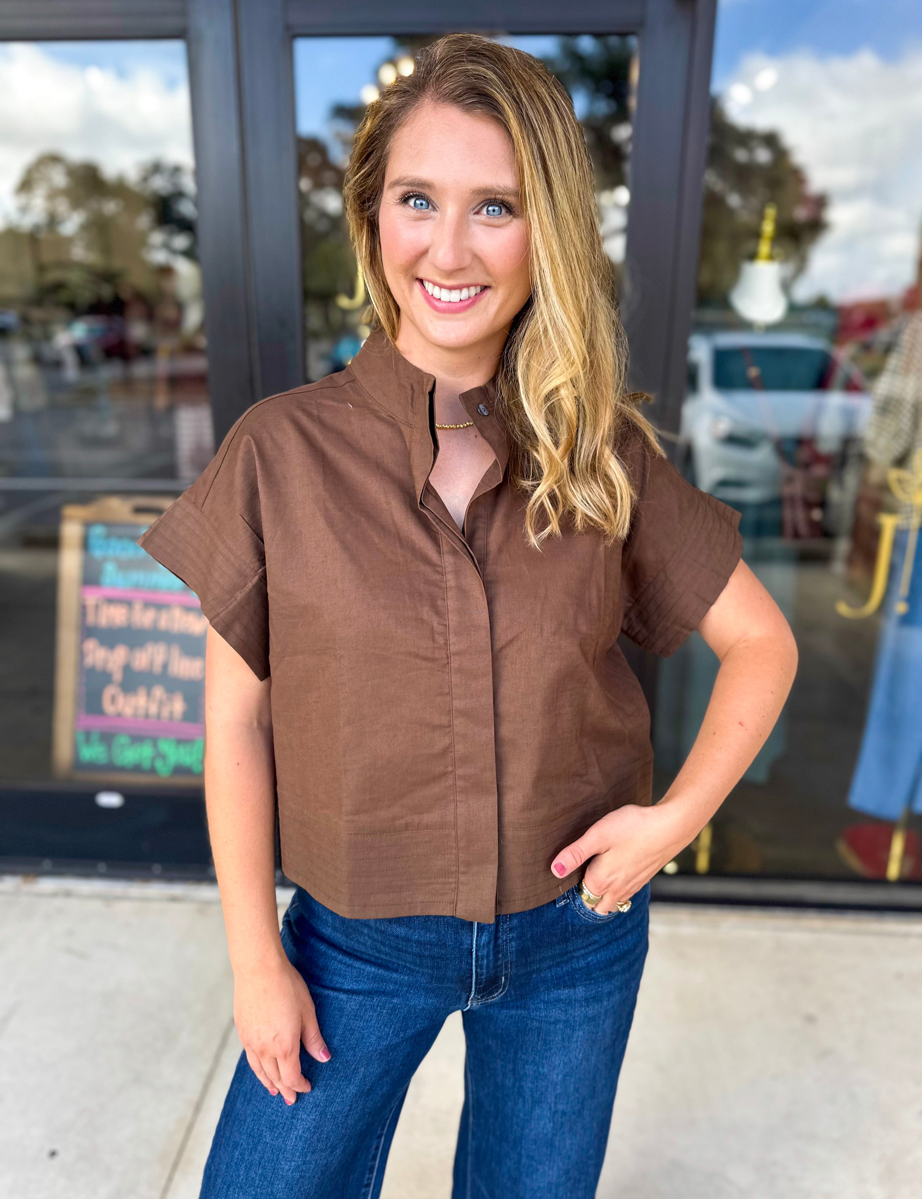 Chic Boxy Blouse - Brown-200 Fashion Blouses-ENTRO-July & June Women's Fashion Boutique Located in San Antonio, Texas