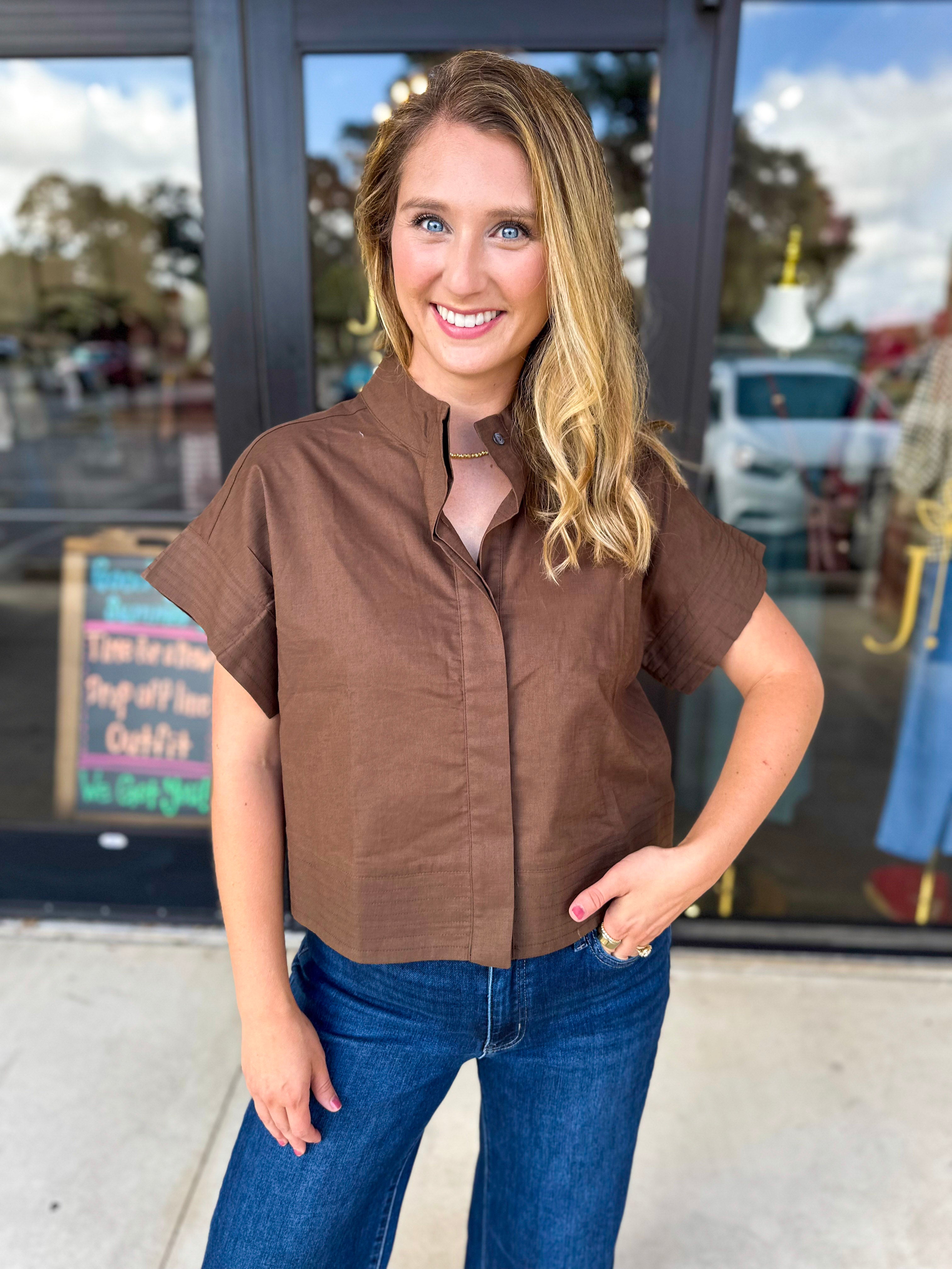 Chic Boxy Blouse - Brown-200 Fashion Blouses-ENTRO-July & June Women's Fashion Boutique Located in San Antonio, Texas