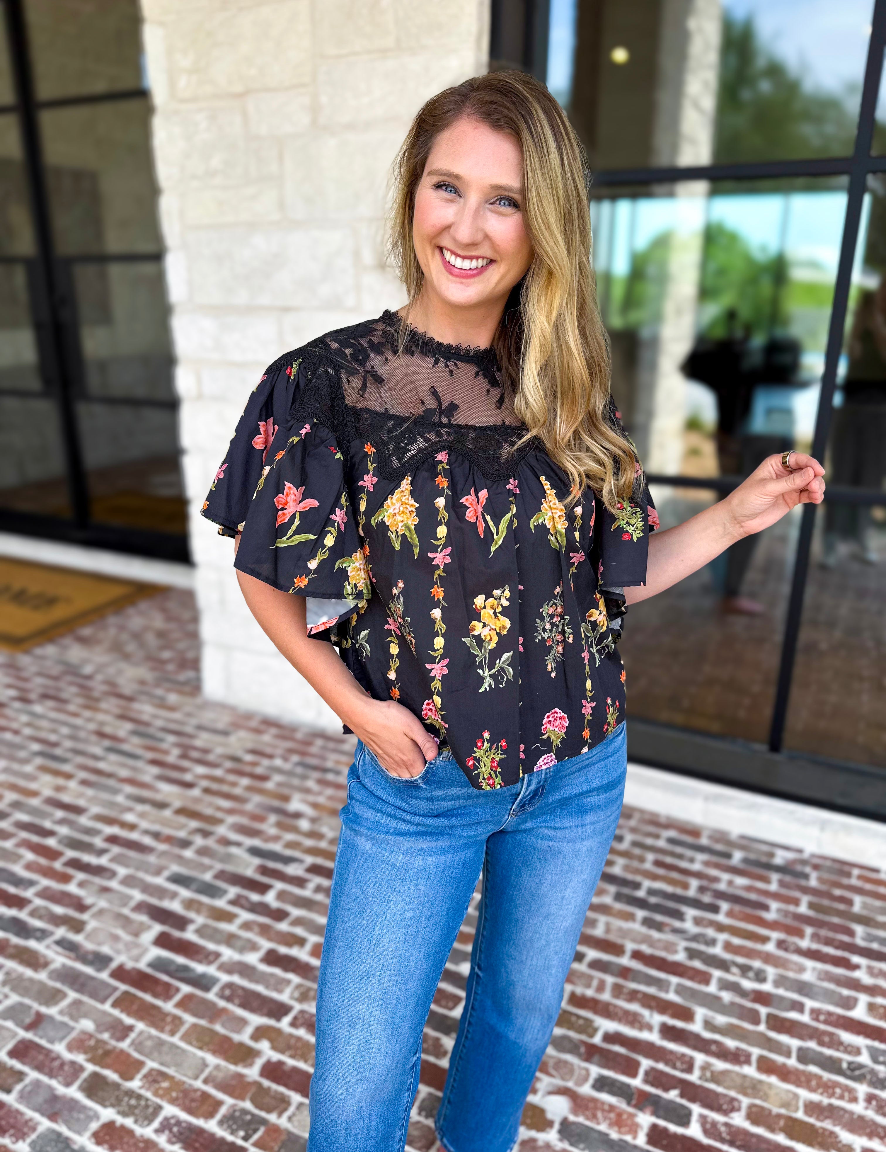 Black Lace & Floral Blouse-200 Fashion Blouses-ENTRO-July & June Women's Fashion Boutique Located in San Antonio, Texas