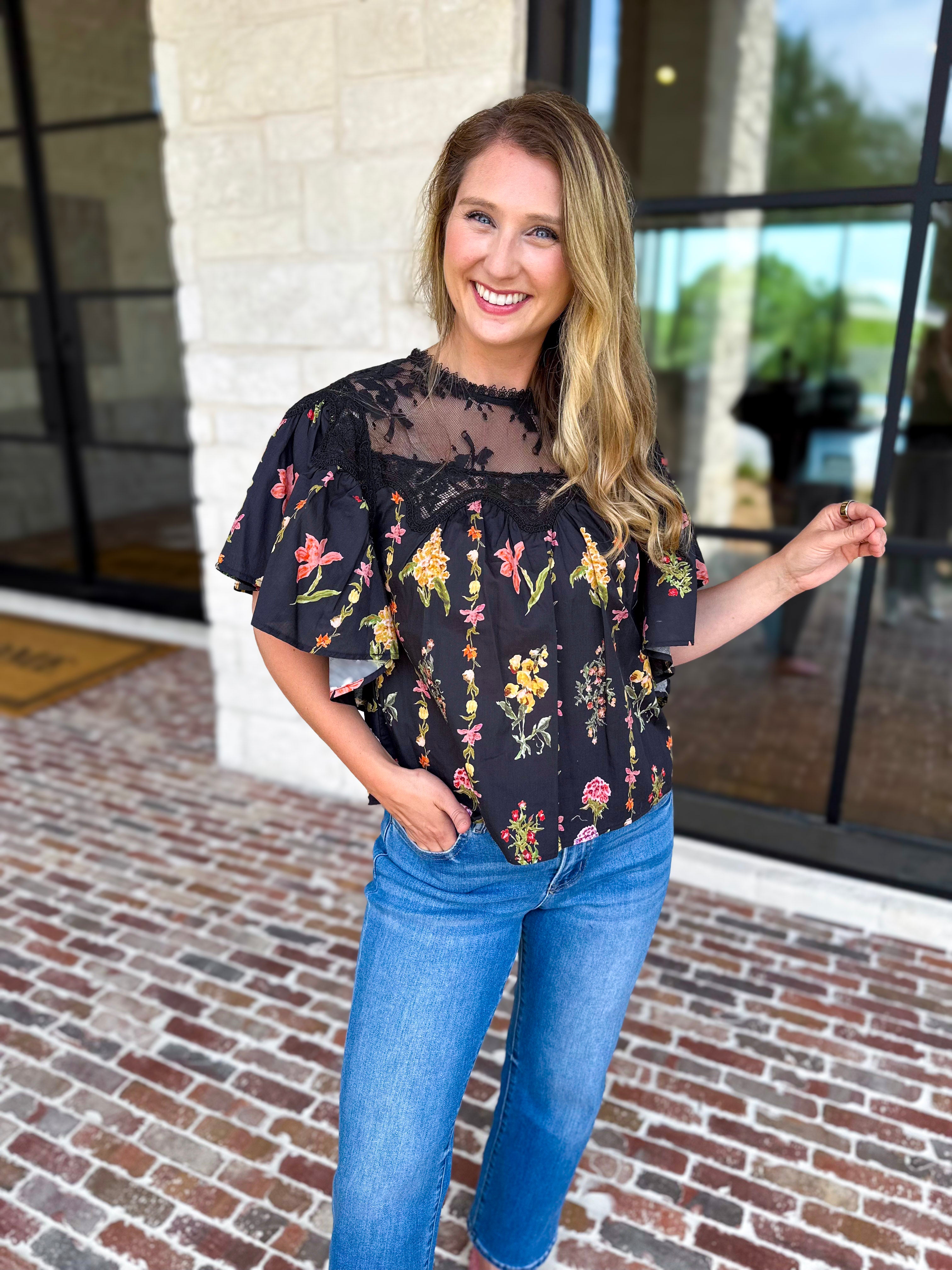 Black Lace & Floral Blouse-200 Fashion Blouses-ENTRO-July & June Women's Fashion Boutique Located in San Antonio, Texas