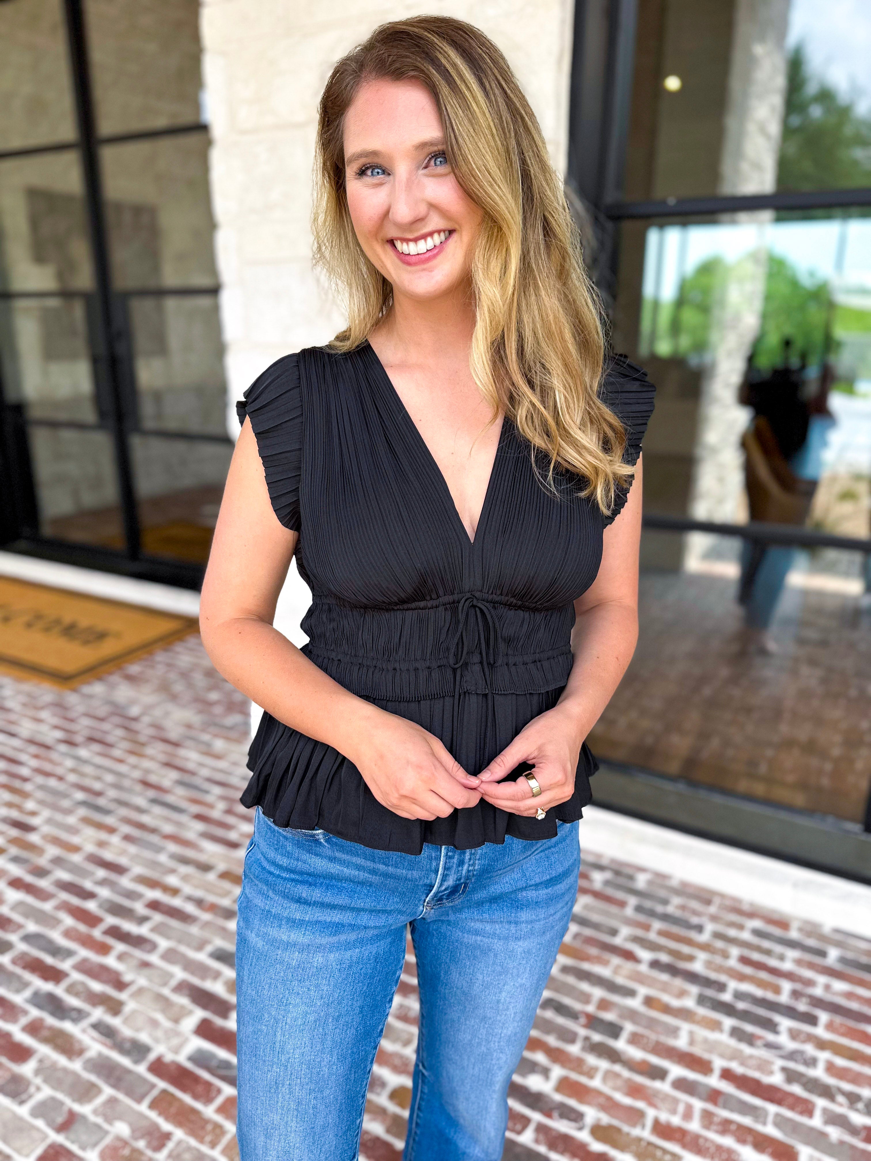 Current Air - Black Satin Date Night Blouse-200 Fashion Blouses-CURRENT AIR CLOTHING-July & June Women's Fashion Boutique Located in San Antonio, Texas