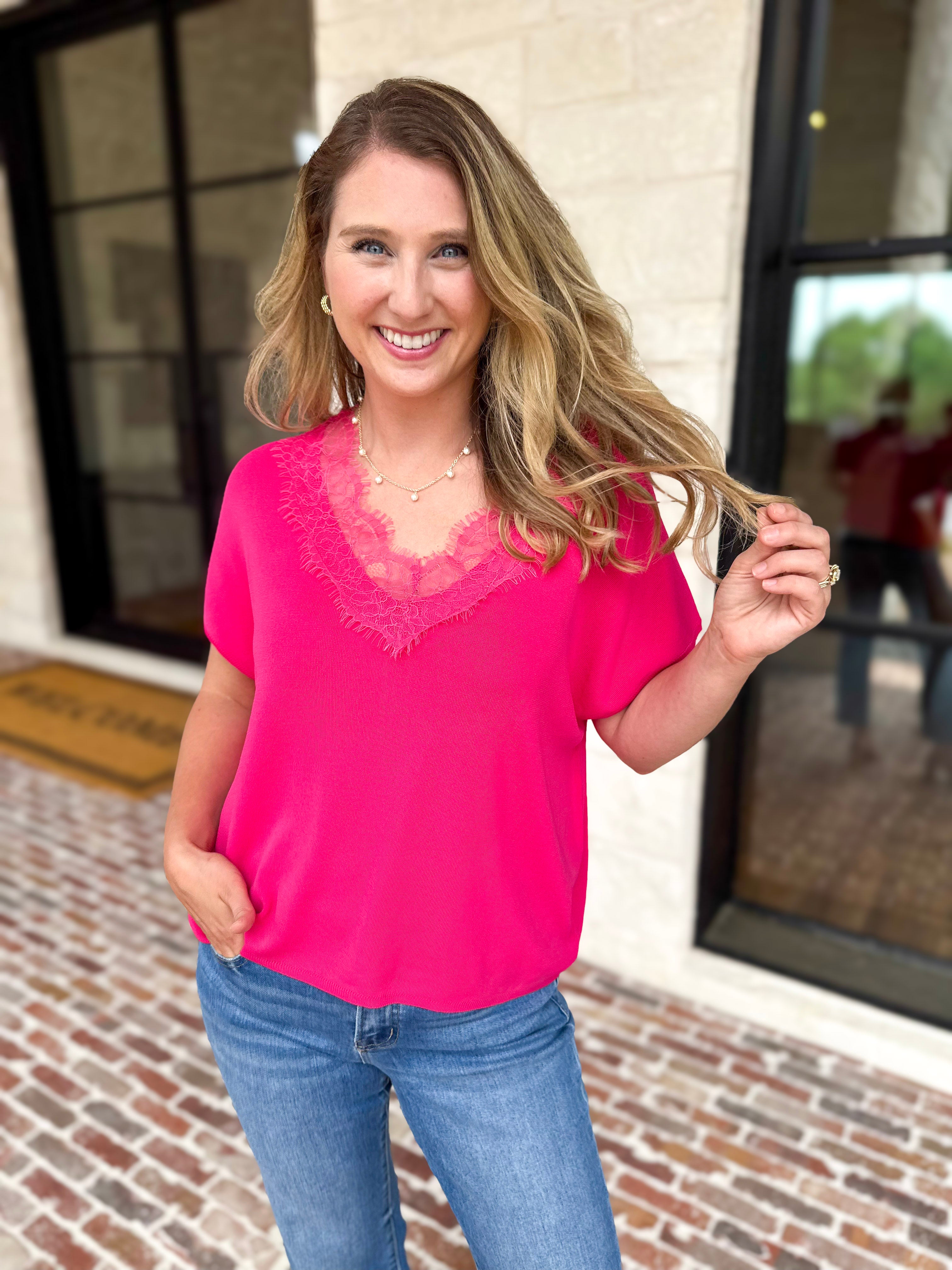 Lace Details Blouse - Hot Pink-200 Fashion Blouses-ENTRO-July & June Women's Fashion Boutique Located in San Antonio, Texas