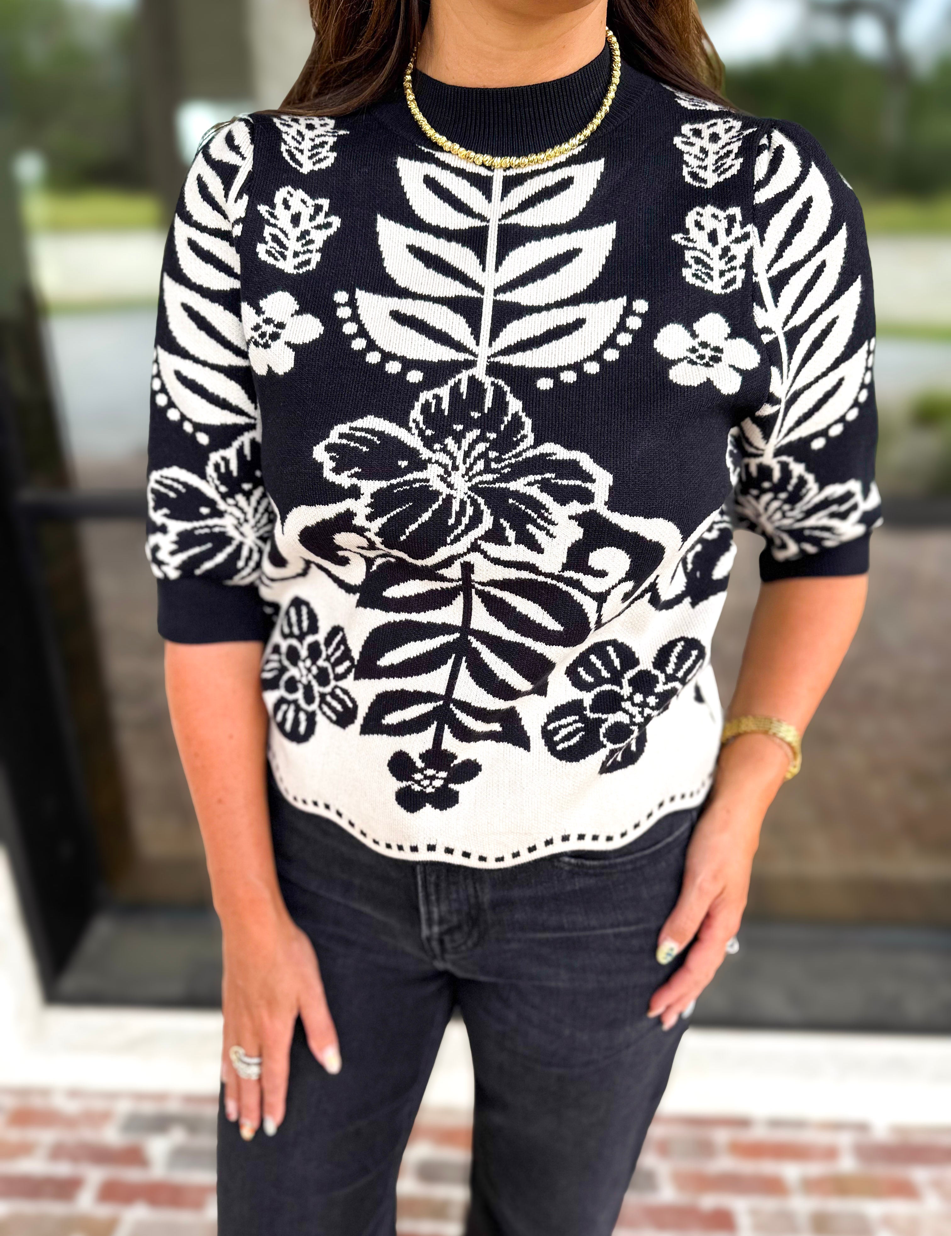 THML - The Libby Floral Sweater - Black-230 Sweaters/Cardis-THML-July & June Women's Fashion Boutique Located in San Antonio, Texas