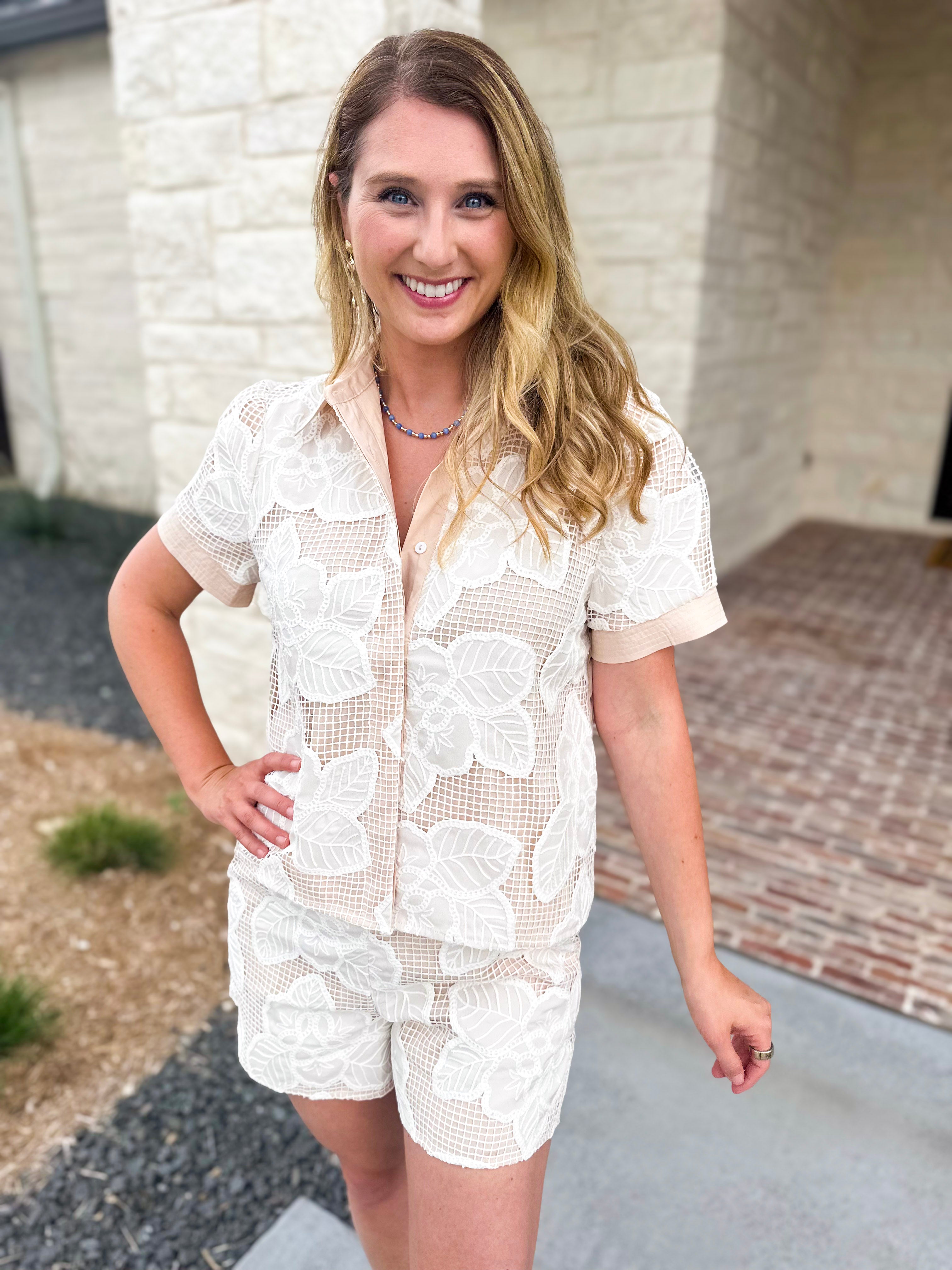 Taupe & Cream Crochet Short Set-510 Mini-STRUT & BOLT-July & June Women's Fashion Boutique Located in San Antonio, Texas