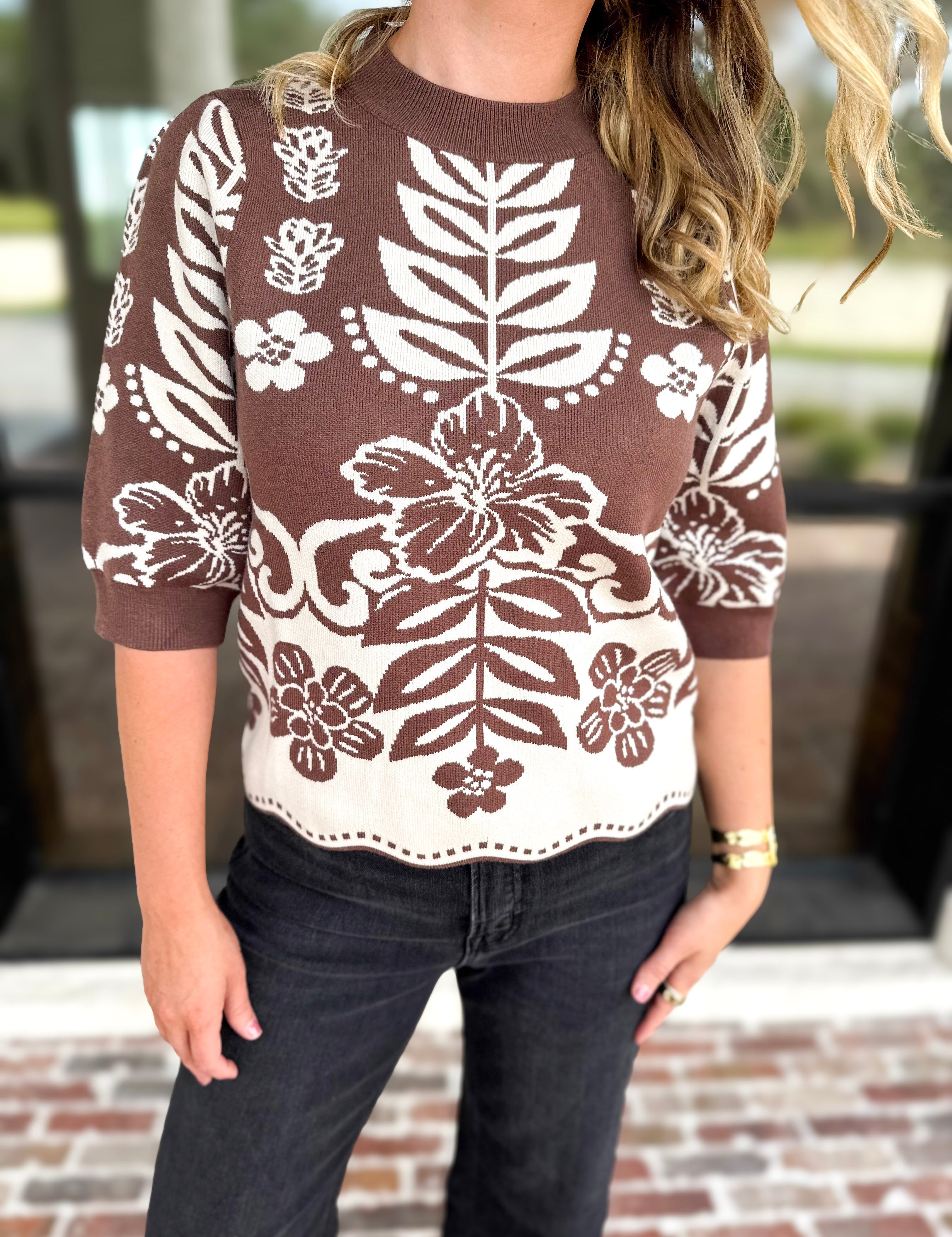 THML - The Libby Floral Sweater - Walnut-230 Sweaters/Cardis-THML-July & June Women's Fashion Boutique Located in San Antonio, Texas
