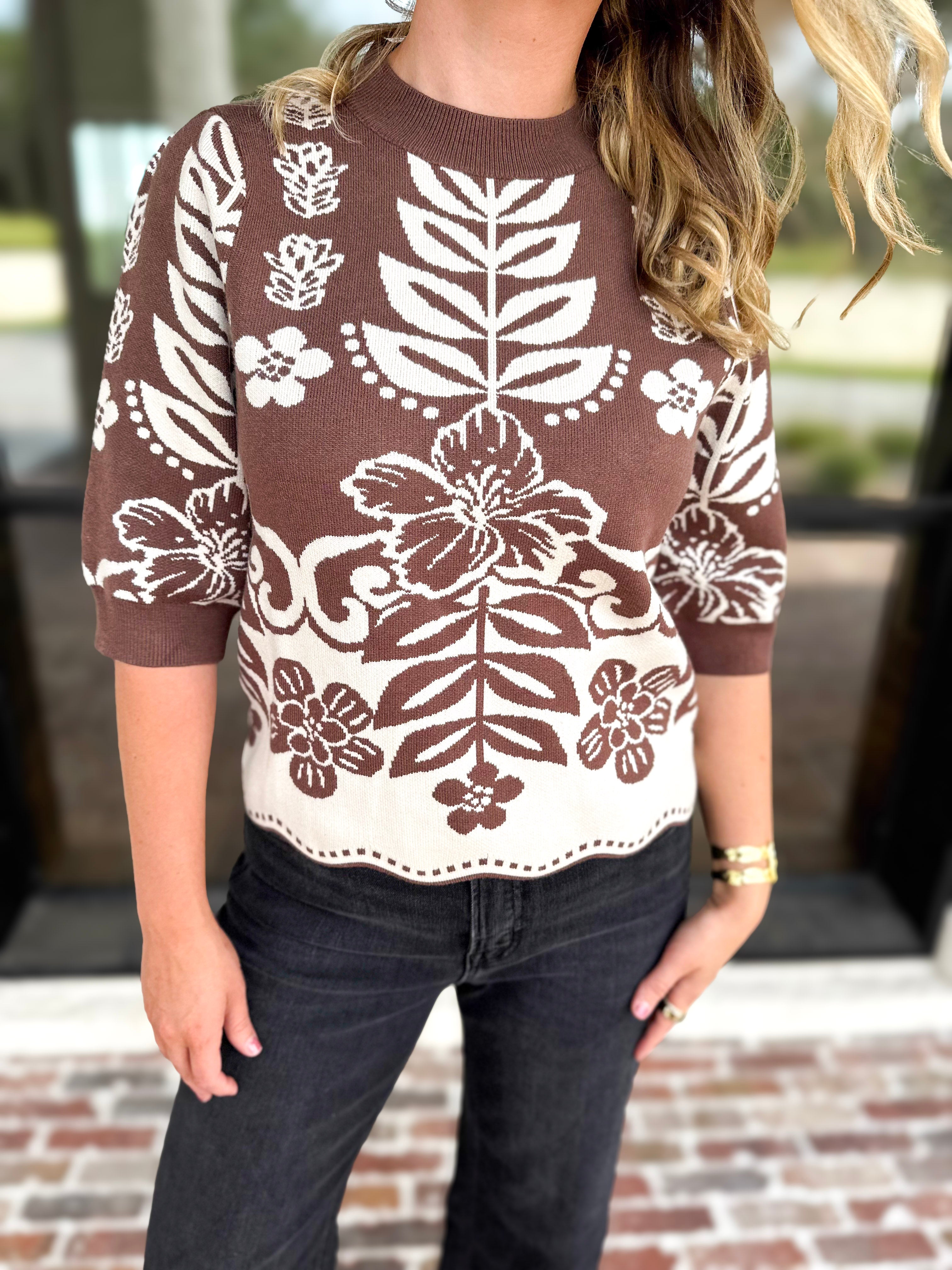 THML - The Libby Floral Sweater - Walnut-230 Sweaters/Cardis-THML-July & June Women's Fashion Boutique Located in San Antonio, Texas
