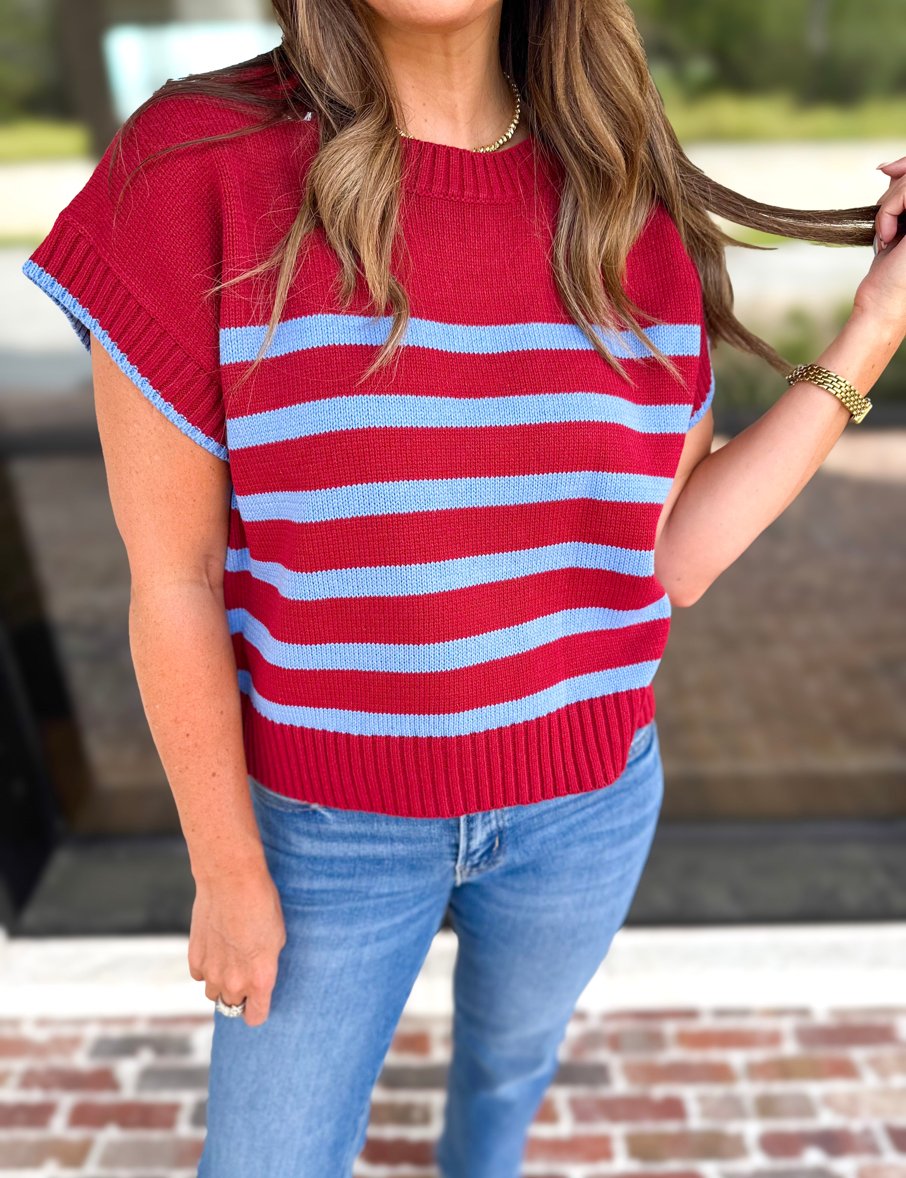 Effortless Striped Knit Top - Burgundy-230 Sweaters/Cardis-ENTRO-July & June Women's Fashion Boutique Located in San Antonio, Texas