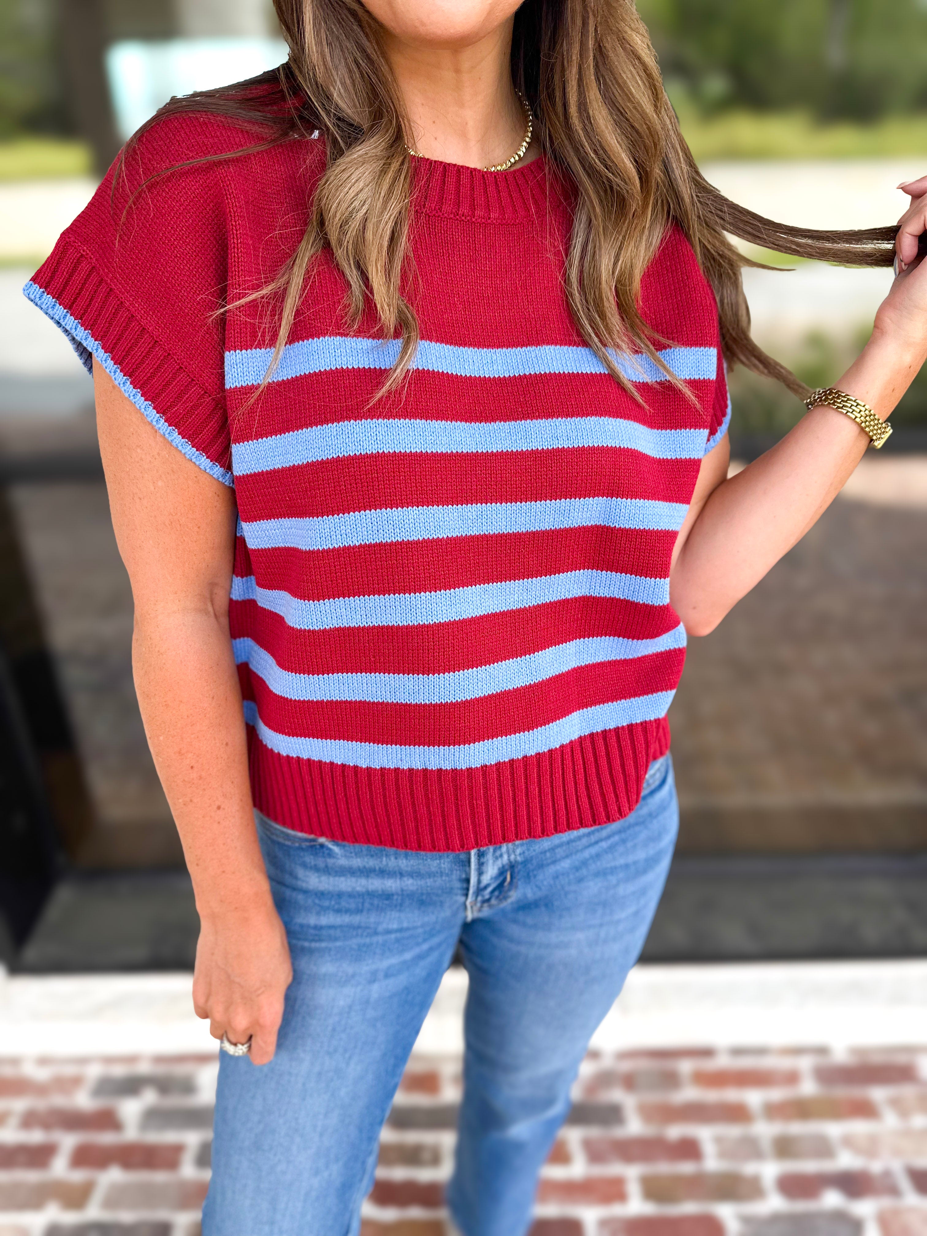 Effortless Striped Knit Top - Burgundy-230 Sweaters/Cardis-ENTRO-July & June Women's Fashion Boutique Located in San Antonio, Texas