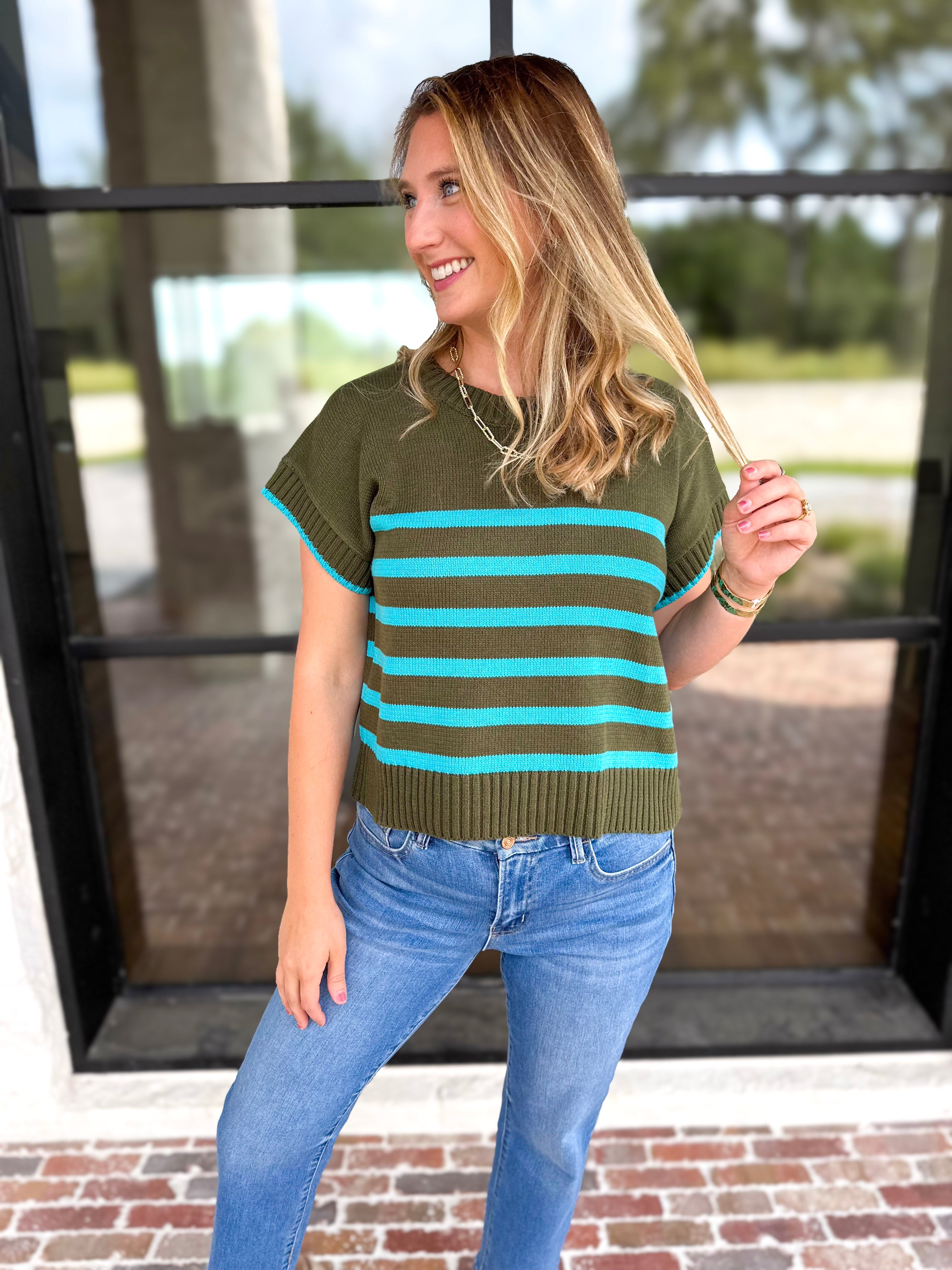 Effortless Striped Knit Top - Forest Green-230 Sweaters/Cardis-ENTRO-July & June Women's Fashion Boutique Located in San Antonio, Texas