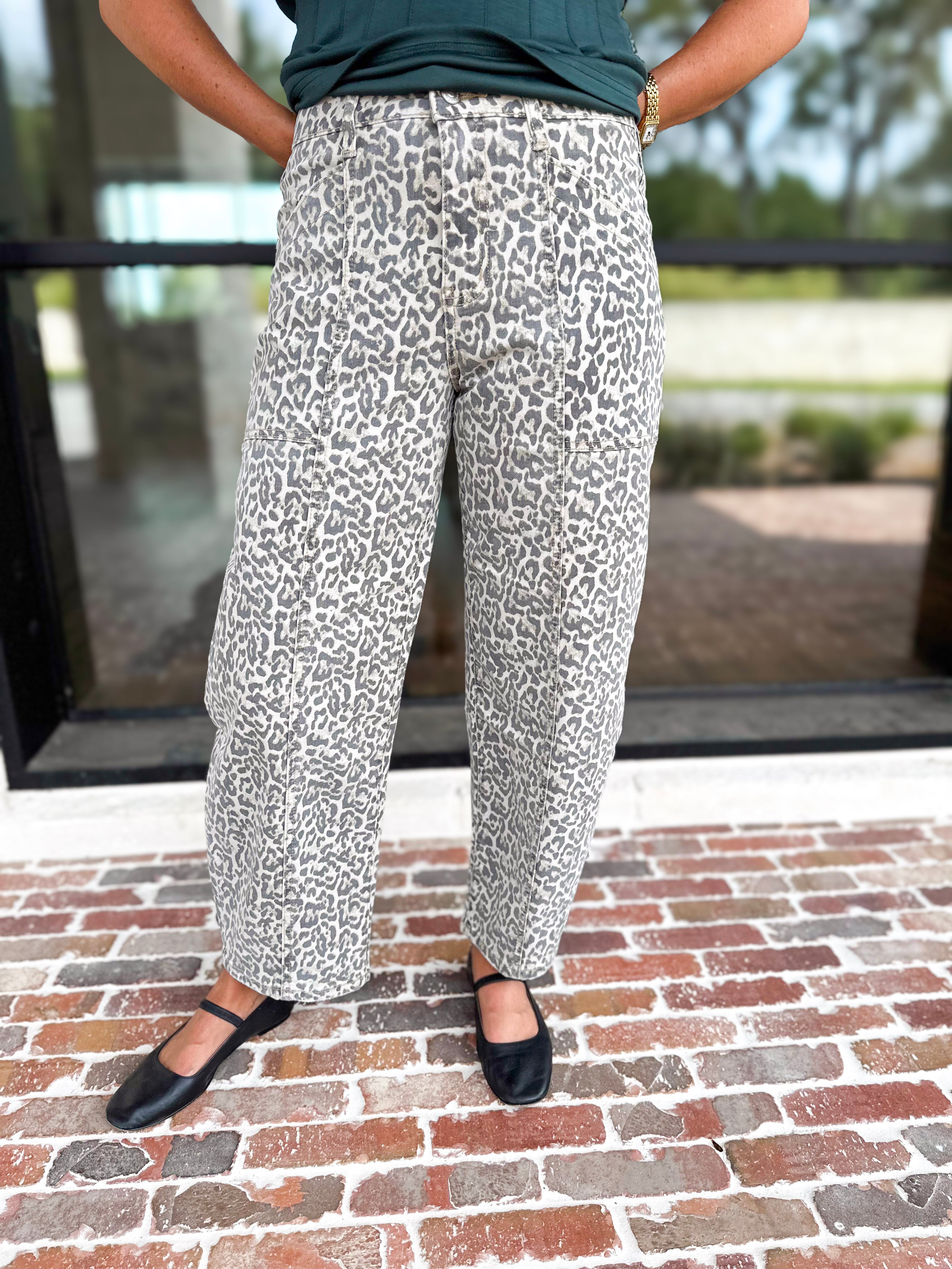 Vervet - High Rise Utility Cheetah Barrel Jeans-420 Denim-VEVERT BY FLYING MONKEY-July & June Women's Fashion Boutique Located in San Antonio, Texas