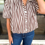 Coffee Date Blouse - Cream & Brown-200 Fashion Blouses-ENTRO-July & June Women's Fashion Boutique Located in San Antonio, Texas