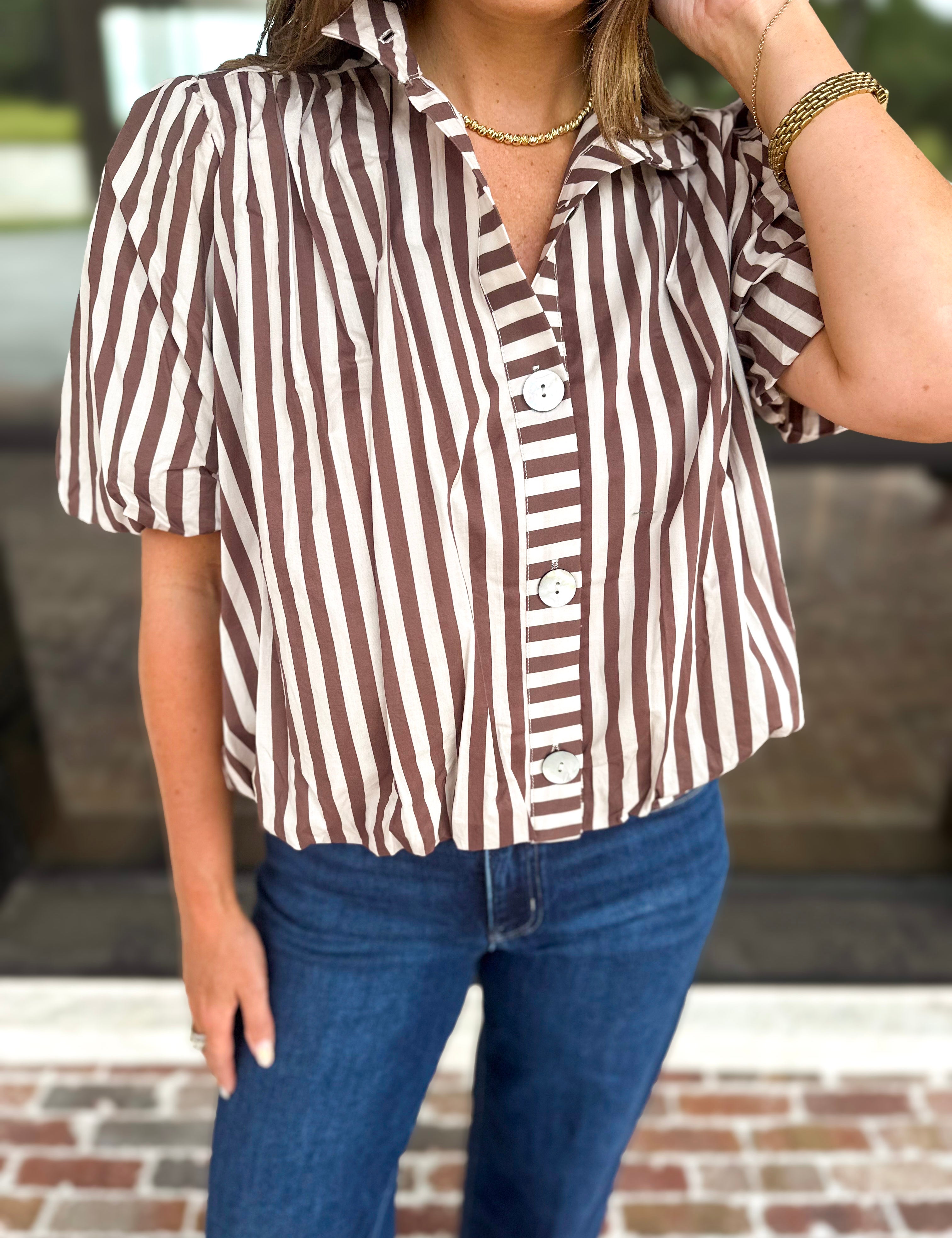 Coffee Date Blouse - Cream & Brown-200 Fashion Blouses-ENTRO-July & June Women's Fashion Boutique Located in San Antonio, Texas