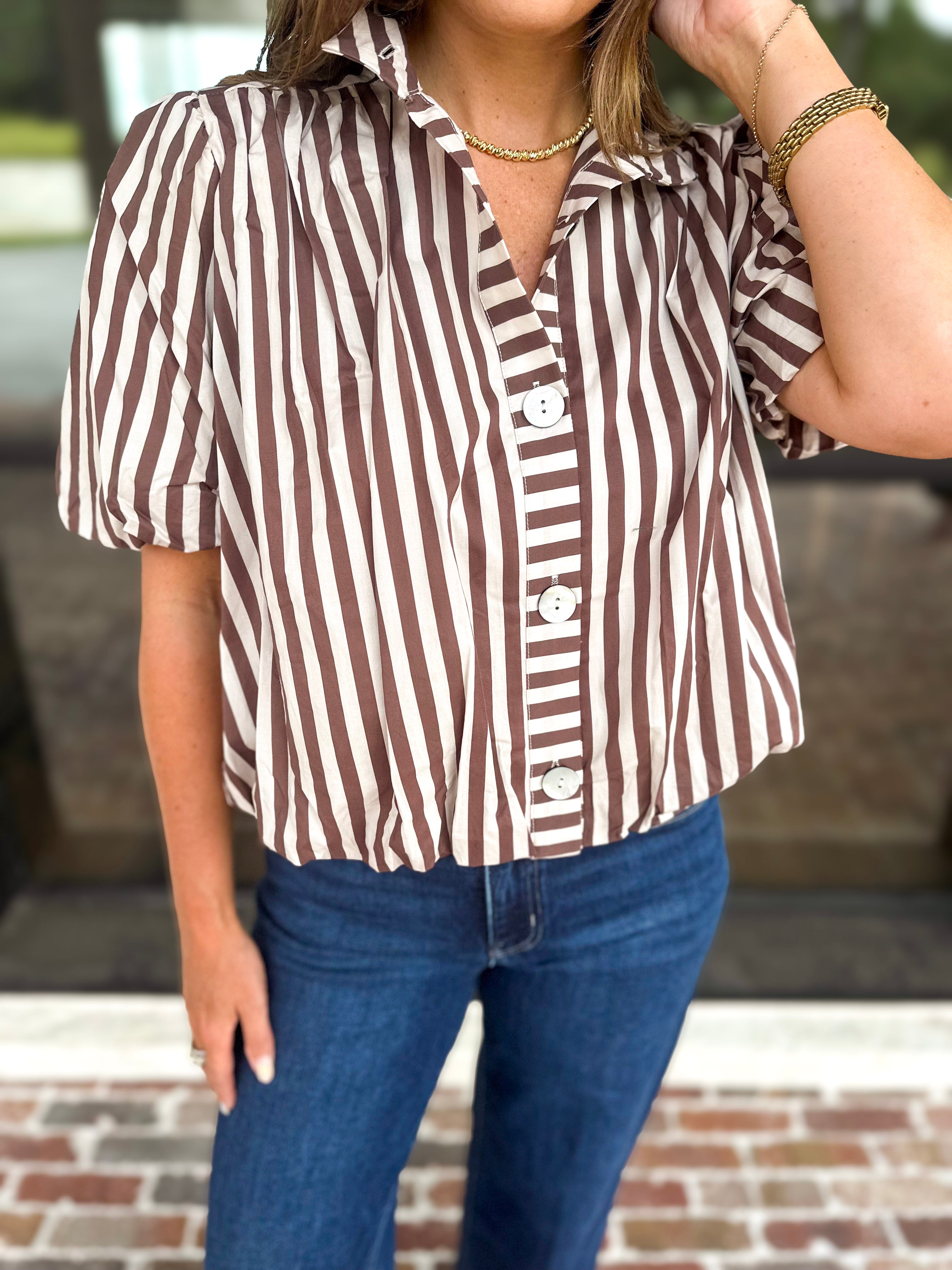 Coffee Date Blouse - Cream & Brown-200 Fashion Blouses-ENTRO-July & June Women's Fashion Boutique Located in San Antonio, Texas