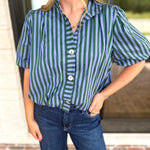 Coffee Date Blouse - Blue & Hunter-200 Fashion Blouses-ENTRO-July & June Women's Fashion Boutique Located in San Antonio, Texas